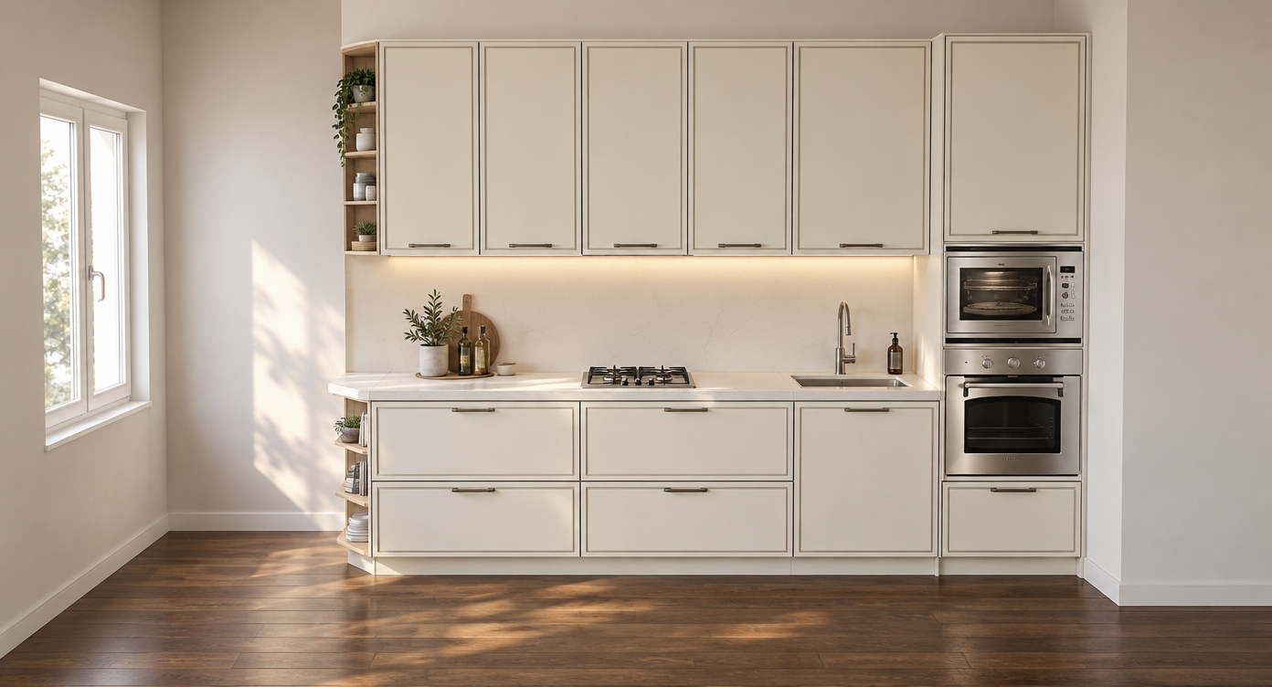 A realistic interior photograph capturing the exact kitchen layout, illuminated by soft morning daylight streaming through the window on the left. The cabinetry features a smooth satin-matte ivory finish, keeping all original lines, handles, and modular sections strictly intact. The countertop is crafted from near-white engineered quartz stone with a faint warm undertone and subtle surface reflections. Natural specular highlights glint off the stainless steel gas hob, faucet, and appliances, while the dark wood plank flooring exhibits authentic grain and soft ambient reflections under the gentle, diffuse daylight.