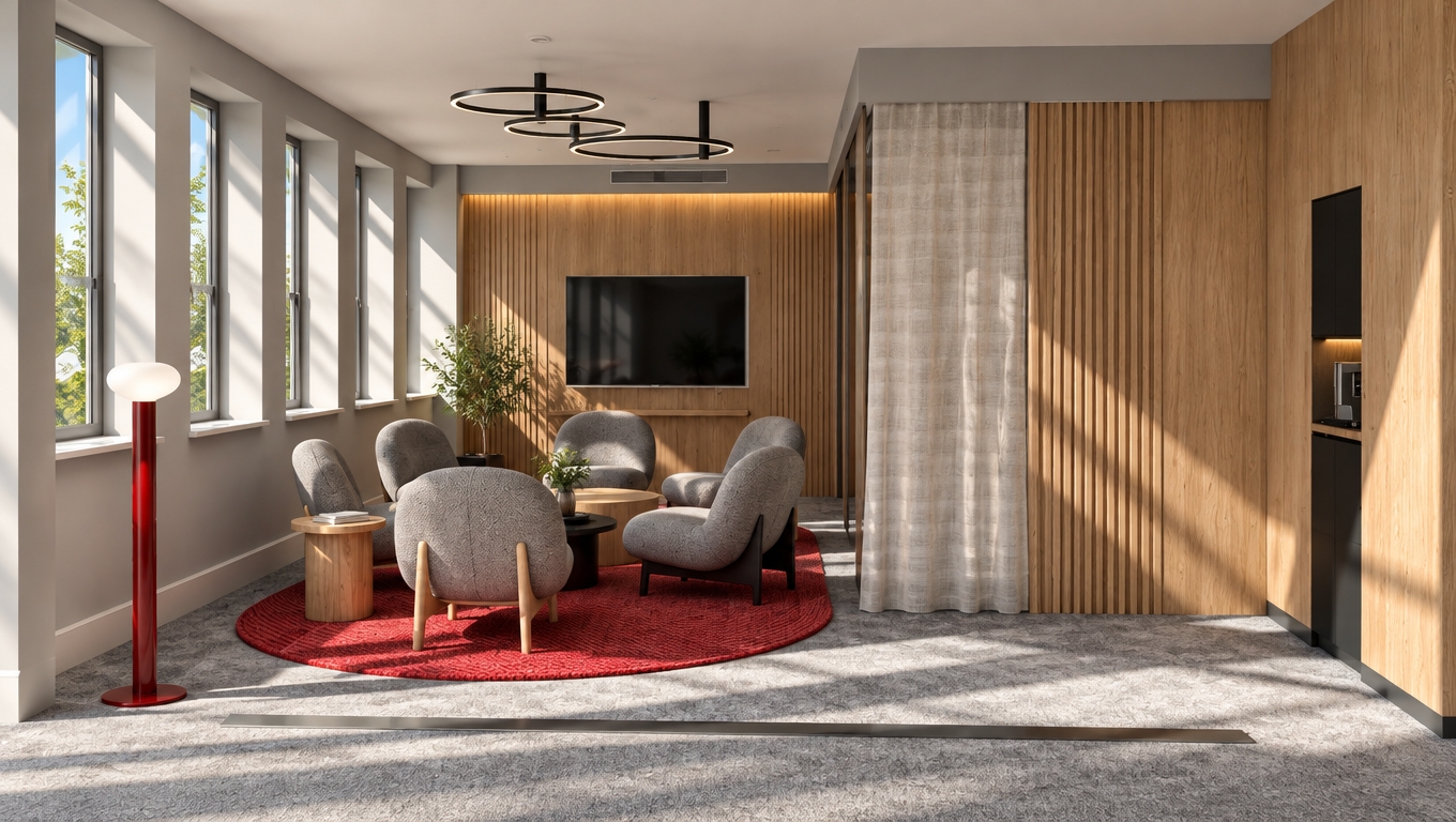 A professional architectural photograph capturing this modern lounge bathed in bright midday summer sunlight streaming through the row of left-side windows. The scene features harsh, defined sunbeams casting sharp, high-contrast diagonal shadows across the textured grey carpet and matte grey walls, balanced by soft interior fill from the black circular ceiling fixtures. Emphasize authentic, tactile material finishes, including the distinct grain on the slatted oak wood paneling, tactile weave on the grey upholstered armchairs, woven pile of the bold red circular rug, and sheer linen drape of the fabric partition. Shot with a crisp wide-angle lens, showing realistic depth of field, subtle chromatic aberration near window highlights, natural dust motes in the light, and gentle lens vignetting.