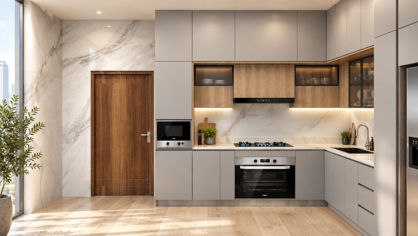 An incredibly lifelike, richly detailed, photorealistic interior shot of a sophisticated modern fusion kitchen set in an urban residential high-rise. The scene is illuminated by soft, recessed LED under-cabinet lighting and diffuse natural light, creating a clean, airy, and contemporary atmosphere. Captured with a 35mm lens, emphasizing the crisp contrast between the tactile grain of the natural oak cabinetry and the pristine, cool-toned matte finish of the seamless grey units.
The composition highlights a perfect marriage of industrial-inspired utility and high-end elegance, with the warmth of the rich walnut-toned timber door anchoring the space against the expansive, book-matched white marble wall. Sleek, integrated stainless steel appliances, such as the built-in oven and microwave, punctuate the geometric cabinetry with metallic precision, while dark-tinted glass upper cabinets add a layer of depth and visual sophistication. The interplay of smooth surfaces—from the cool, veined stone backsplash to the light, wide-plank oak flooring—is meticulously rendered, evoking a sense of calm, minimal luxury. Subtle, vibrant accents are implied through the thoughtful placement of invisible, modern décor, while the surrounding environment suggests an open-concept flow that would naturally incorporate lush, indoor greenery to soften the architectural edges of this high-impact, modular kitchen design.