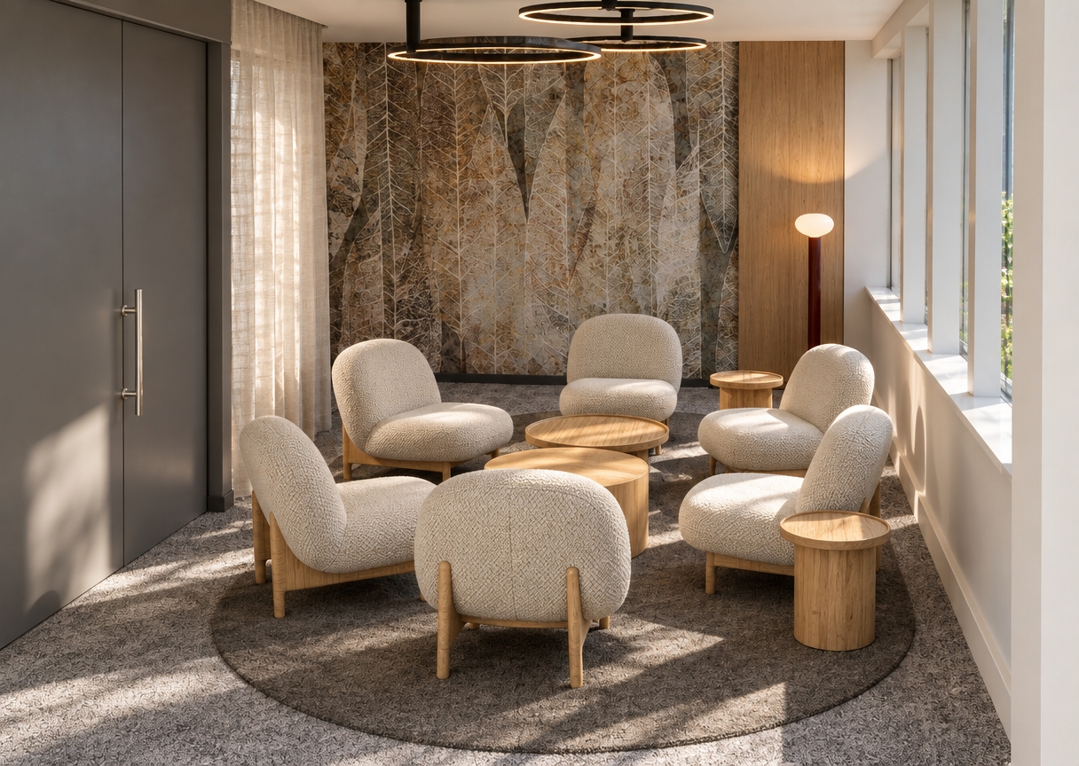 A crisp, eye-level photograph capturing the modern lounge under bright midday spring sunlight streaming through the side windows. The lighting casts soft, natural geometric sunbeams across the grey carpet and circular wool rug, balanced by the warm ambient glow of the illuminated floor lamp and overhead ring fixtures. Preserve the exact composition and arrangement of the low-slung, cream bouclé armchairs and light oak nesting tables. Surface materials feature authentic physical details: visible textile weave on the upholstery, natural matte wood grain on the table surfaces, sheer linen texture on the curtain, and delicate fibrous detail on the leaf-patterned accent wall. Captured with an architectural 35mm lens, presenting natural dynamic range, realistic light bounce, subtle depth of field, and fine organic film grain.