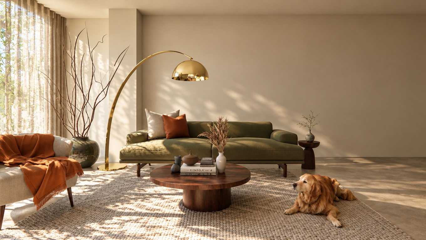 An incredibly lifelike, richly detailed, photorealistic interior shot of a sophisticated living room set in a serene mid-century modern residence during a sun-drenched spring afternoon. The scene is illuminated by soft, natural light filtering through sheer curtains, casting intricate, dappled shadows across the room and creating a warm, tranquil atmosphere. Captured with a 35mm wide-angle lens, the composition highlights a sleek, low-profile olive green sofa accented with plush pillows in burnt orange, grounded by a rich, dark walnut circular coffee table adorned with minimalist ceramic vases and a curated photography book. The floor is anchored by a textured, neutral-toned area rug, while an iconic brass arc lamp curves gracefully over the seating area, its metallic finish reflecting the room's warm glow. A comfortable armchair draped in a vibrant orange throw sits beside a large ceramic urn filled with sculptural, bare branches, adding an organic, linear element to the space. In the foreground, a golden retriever rests peacefully on the rug, emphasizing the comfortable and uncluttered nature of the home. The background remains clean and minimalist, allowing the curated selection of earth-toned decor—including accents of muted blues and natural teak wood—to create a timeless, functional, and inviting environment that feels both curated and effortlessly lived-in.