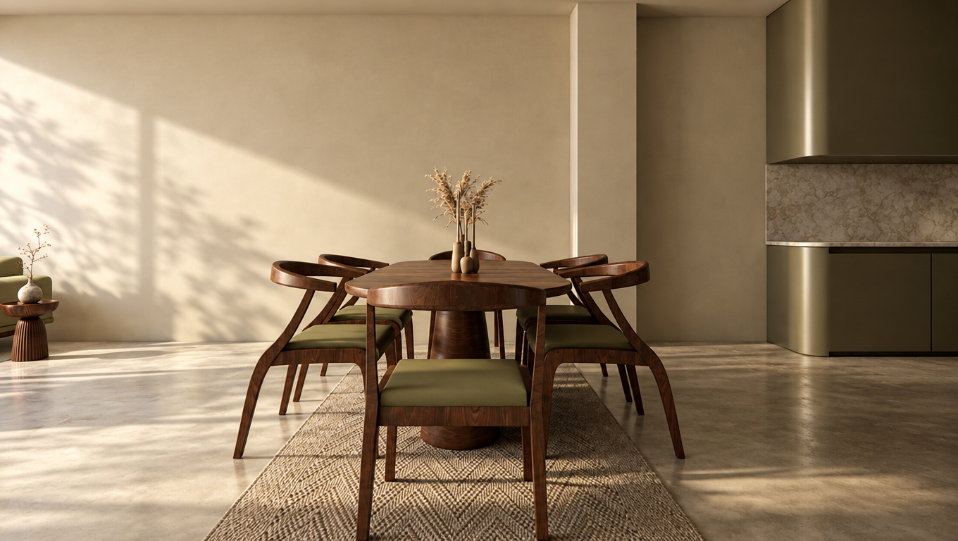 An incredibly lifelike, richly detailed, photorealistic interior shot of a serene dining room set in a sophisticated mid-century modern residence during a bright spring midday. The scene is illuminated by soft, diffused natural light that washes over the space, creating a calm, minimalist, and timeless atmosphere. Captured with a 35mm lens, the composition emphasizes the clean lines and organic curves of the walnut wood dining set, featuring iconic chairs with sculpted backs surrounding a sleek, oval pedestal table. The earthy palette is anchored by the warm, deep grains of the teak and walnut furniture, contrasting beautifully against the muted, textured concrete flooring and walls painted in calming, organic earth tones. A subtle, patterned area rug grounds the dining ensemble, while a cluster of slim, sculptural vases holding delicate dried botanicals sits as a focal point, mirroring the uncluttered, functional aesthetic of the space. In the background, the soft curves of the cabinetry and a hint of a plush seating area with a small, fluted side table add depth and layered texture to the room. The lack of visual clutter allows the interplay of light and shadow to highlight the exquisite craftsmanship of the furnishings, evoking a sense of refined, quiet luxury.