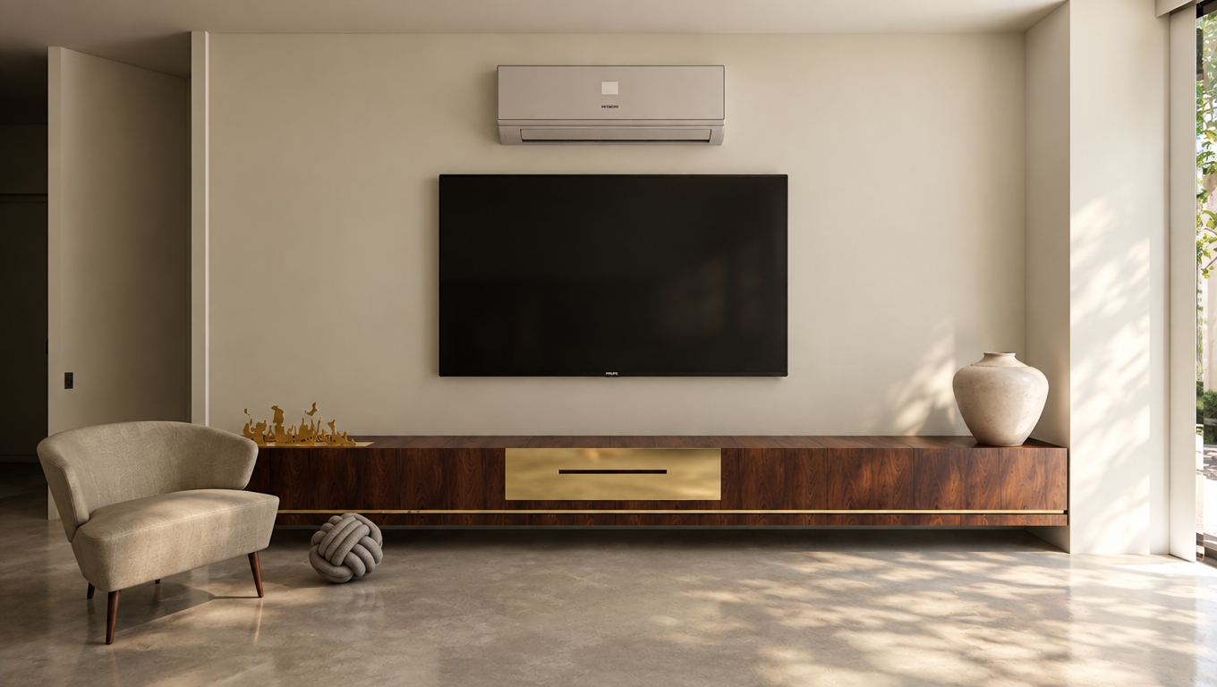 An incredibly lifelike, richly detailed, photorealistic interior shot of a sophisticated living room set in a sun-drenched spring midday environment. The scene is illuminated by soft, diffused natural light pouring in from the side, creating a serene and minimalist atmosphere. Captured with a high-end architectural lens, the composition highlights the elegant juxtaposition of a deep, dark walnut media console—accented with a striking, reflective brass center panel and a sleek linear inlay—against a calming, off-white wall. Above, a minimalist air conditioning unit blends seamlessly into the palette, while a large, matte-finish ceramic vessel rests on the right end of the console, mirroring the organic, earth-toned aesthetic. To the left, a sculptural, muted-taupe accent chair sits atop a seamless, polished concrete floor, accompanied by a quirky, knotted decorative object that adds a touch of mid-century whimsy. The entire space exudes a timeless, uncluttered elegance, with every element—from the wood grain of the cabinetry to the soft play of shadows—rendered with absolute precision, embodying the functional, sleek, and organic principles of mid-century modern design.