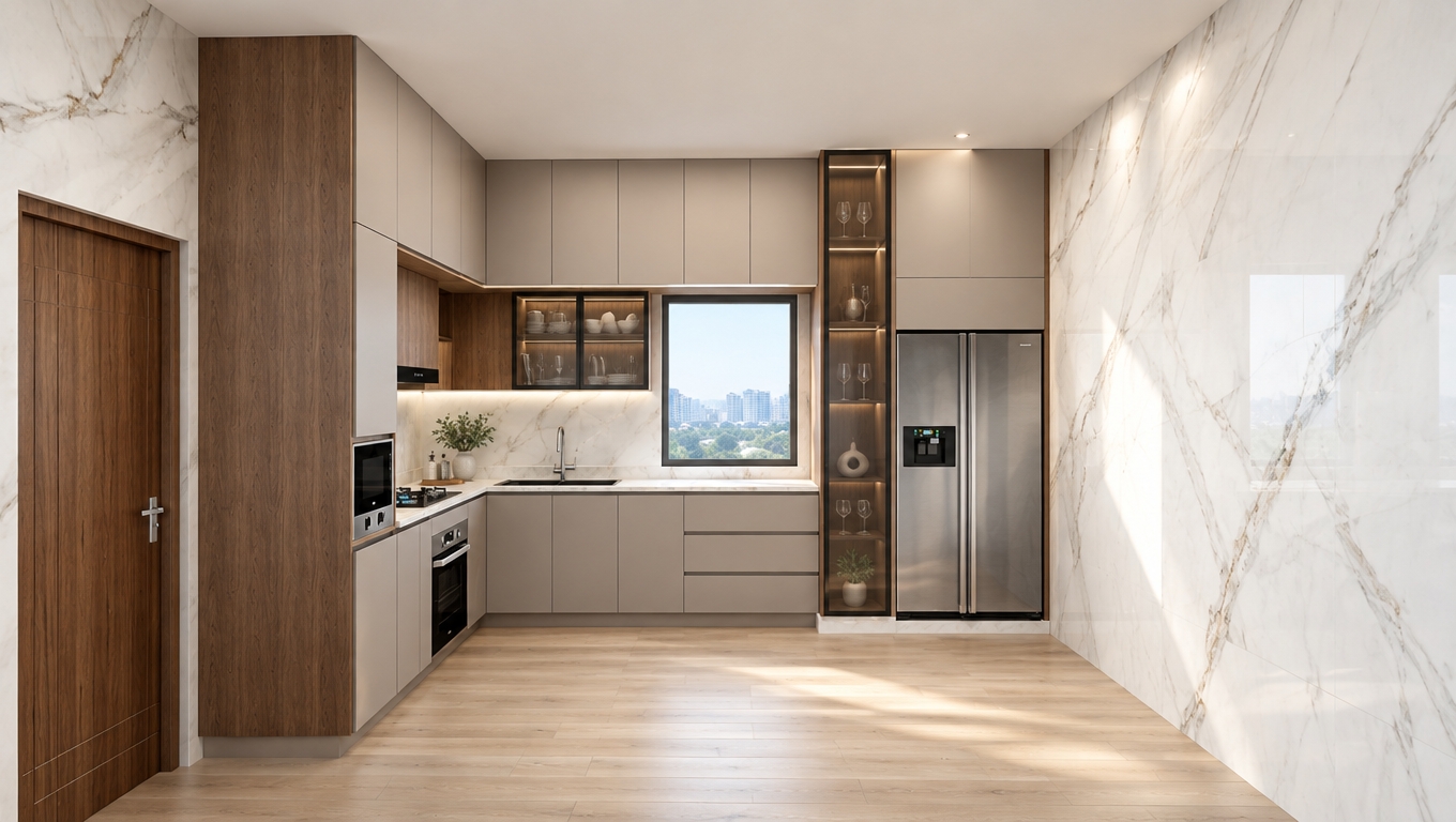 An incredibly lifelike, richly detailed, photorealistic eye-level interior shot of a modern fusion kitchen set in a high-end urban apartment. The scene is illuminated by soft, diffused daylight streaming through the central window, creating a clean, serene, and inviting atmosphere. Captured with a 35mm wide-angle lens, emphasizing the crisp contrast between the rich, vertical-grain walnut cabinetry and the seamless, matte-finish light taupe storage units. The composition centers on a streamlined L-shaped layout where the white Statuario marble backsplash flows elegantly into the vast, book-matched marble feature wall on the right. Smooth, handleless cabinetry provides a sleek, modular aesthetic, while a vertical glass-paneled display unit adds a touch of industrial-inspired transparency. A premium stainless steel refrigerator sits recessed within the joinery, reflecting the soft ambient glow. The light-toned wide-plank oak flooring anchors the space, grounding the minimalist design. To complete the composition, subtle accents of brushed black hardware define the appliances, while a hint of vibrant greenery on the counter softens the geometric precision of the room, evoking the refined aesthetic found in a premier architecture photography book.