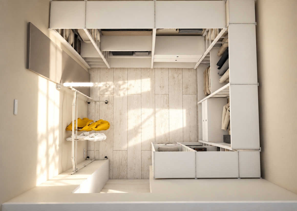 A top-down architectural photograph of the white modular walk-in closet, illuminated by bright, warm midday summer sunlight. The overhead view emphasizes realistic material textures, including the subtle grain across the white wooden floorboards, soft matte finishes on the white shelving units, and tactile fabric folds on the yellow and white hanging clothes. Clean, high-key ambient light creates gentle contact shadows and natural radiosity throughout the room, finished with subtle lens vignetting and fine sensor grain for true photographic realism.