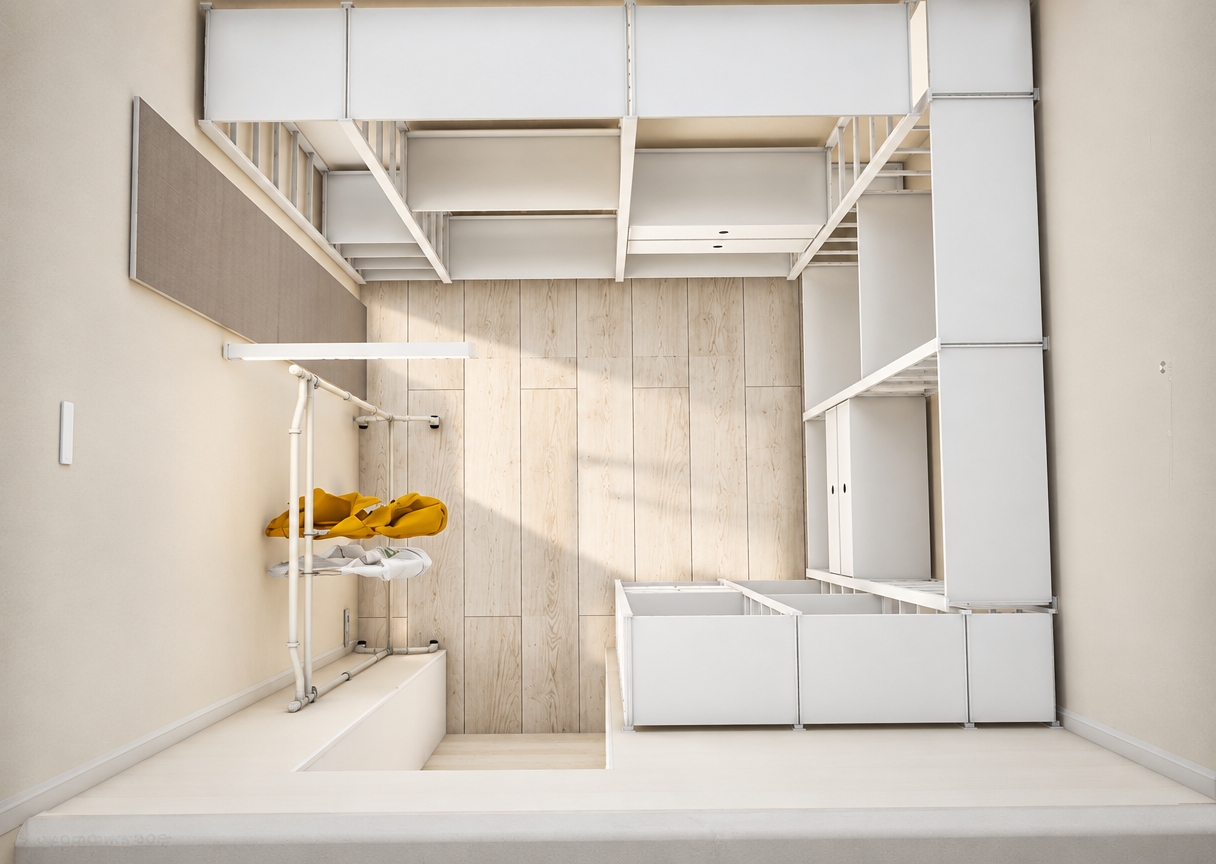 A top-down architectural photograph of the white modular closet room, illuminated by clear, bright summer midday light. The scene preserves the exact layout and perspective while rendering realistic material physics, revealing subtle matte textures on the white shelving units, natural grain along the light plank flooring, and tactile fabric weave on the yellow garments. Soft ambient daylight fills the space with balanced bounce lighting, creating gentle contact shadows beneath the storage units and clothes rack. Captured with a sharp wide-angle lens, clean neutral-warm exposure, faint natural vignetting, and fine photographic sensor grain.