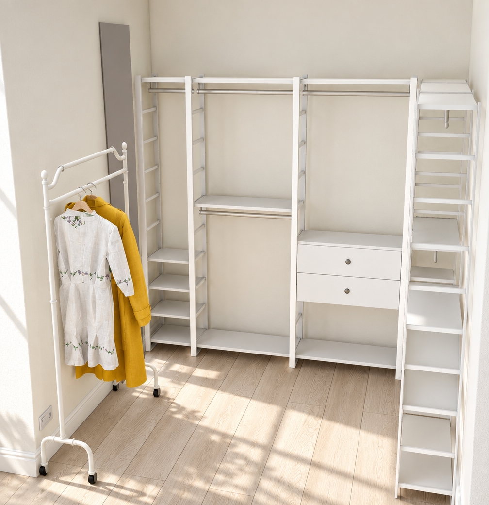 A bright, photorealistic interior photograph of this closet space illuminated by crisp, natural summer midday sunlight. The lighting produces clean, soft contact shadows and realistic ambient bounce across the matte white modular shelving, off-white walls, and light-toned wood plank flooring. The hanging yellow coat and white dress feature genuine textile weaves and natural draping folds. Captured with a sharp architectural lens, displaying true-to-life material textures, balanced dynamic range, and subtle photographic grain while precisely preserving the original geometry and framing.