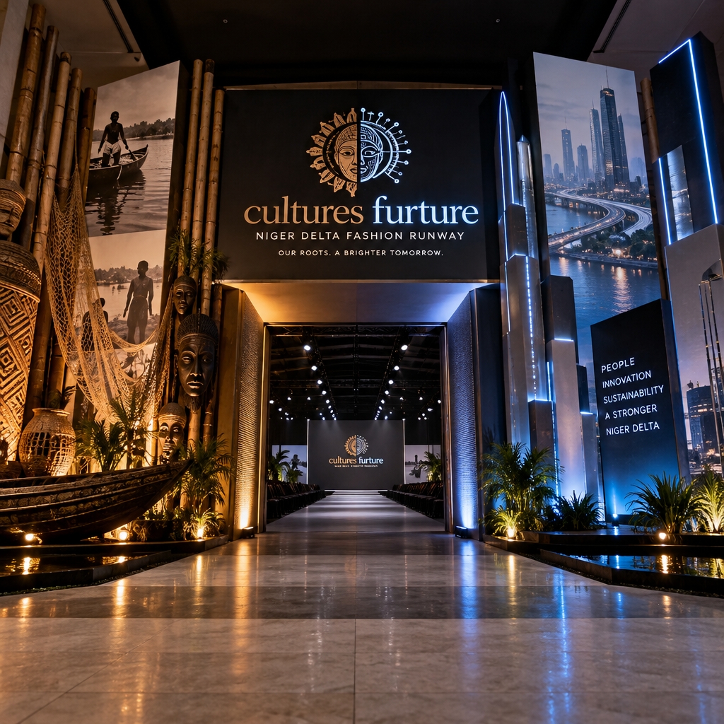 Design a Grand Entrance WAY INTO a hall of a FASHION RUNWAY event called "cultures furture" an event of the Niger Delta Region SHOWING culture and the future of the Niger delta people..making the entrance very dramatic showing the 2 worlds of culture of the niger delta people and the future of the niger delta people