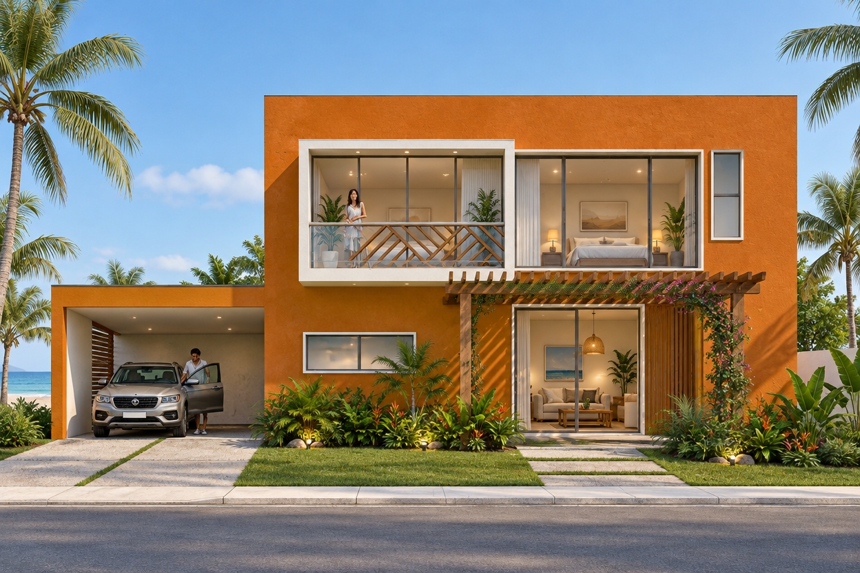 casa cerca de playa, con dos recamaras en planta alta, un balcon en volumen volado. planta baja, sala con un pergolado al exterior y una cochera techada. el frente de la casa es jardin,