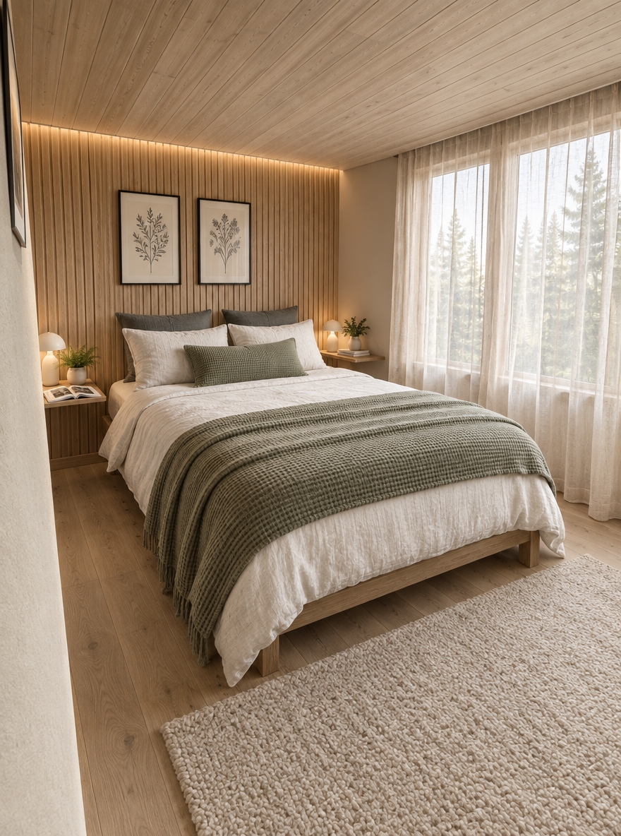 An incredibly lifelike, richly detailed, photorealistic wide-angle interior photograph of a tranquil Scandinavian sanctuary bedroom set in a light-drenched woodland cottage. The scene is illuminated by gentle, diffused morning daylight filtering through floor-to-ceiling sheer linen drapes complemented by soft, warm cove backlighting, creating a serene, peaceful, and hygge-inspired atmosphere. Captured with a 24mm f/2.8 wide-angle lens, emphasizing the organic texture of bleached oak floorboards, crisp linen textiles, and vertical blonde-wood slat wall paneling behind the bed. 

The space features a minimalist, low-profile solid oak platform bed layered in washed white linen, soft sage-green waffle-knit throws, and muted charcoal accent cushions. Sleek, wall-mounted light wood and black metal bedside shelves hold a minimalist ceramic lamp, a delicate potted fern, and an open art photography book. Nature-inspired botanical line art in slender black frames graces the serene greige walls, while a plush, cream-colored wool rug anchors the floor. Expanding the room's sense of openness, large clear-glass windows reveal an imaginative, misty pine forest outside, harmonizing the room’s clean lines, natural materials, and subtle greenery into a rejuvenating, uncluttered retreat.