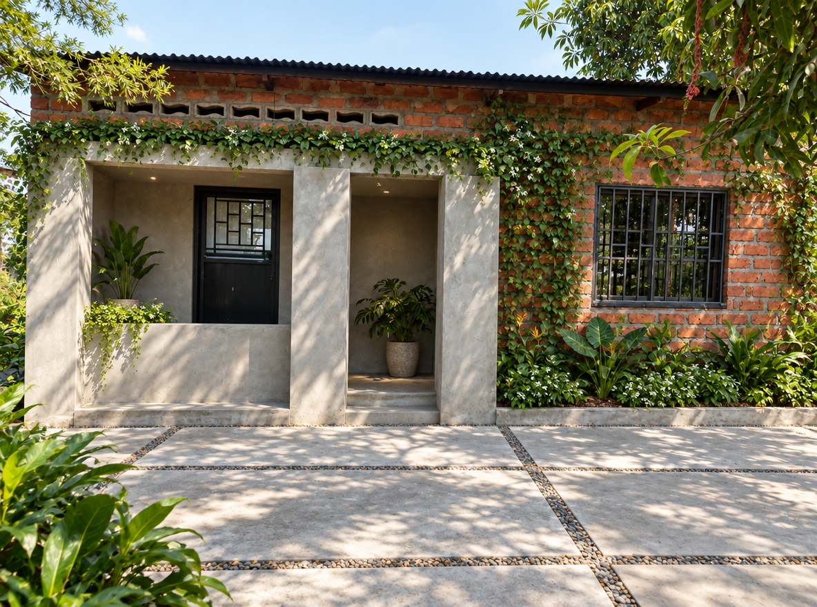 An incredibly lifelike, richly detailed, photorealistic eye-level exterior shot of a modern fusion single-story residence set in a lush, sun-drenched landscape. The scene is illuminated by crisp, bright summer midday sunlight filtering through mature tree canopies to cast soft, dappled shadows across the façade, creating an inviting, serene, and grounded atmosphere. Captured with a 35mm tilt-shift architectural lens, emphasizing the tactile textures of rough, earthy red brick masonry, sleek smooth-cast fair-faced concrete pillars, and refined stone-textured pavement. Faithfully preserving the original structure's massing and layout, the design integrates biophilic architecture with overflowing native planters, climbing ivy softening the masonry, and framed garden beds flanking the structure. A clean, light-gray concrete pavement replaces the yard with subtle recessed gravel joints for natural drainage, while the updated charcoal-framed window grilles and recessed entrance porch complete a harmonious blend of raw tropical vernacular and polished contemporary minimalism.