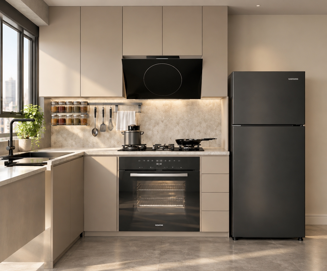 An incredibly lifelike, richly detailed, photorealistic interior shot of a sophisticated modern fusion kitchen set in an urban high-rise apartment. The scene is illuminated by soft, natural morning light filtering through the side window, creating a serene and airy atmosphere. Captured with a 35mm lens, emphasizing the crisp contrast between the matte black appliances and the seamless, cashmere-toned cabinetry.

The kitchen features a clean, geometric layout where the smooth, handleless cabinets provide a minimalist backdrop for the bold, industrial-inspired black range hood and matching oven. A textured, stone-effect backsplash adds a touch of organic depth, complemented by a polished marble countertop. To the left, a matte black faucet anchors the workstation, while a sleek rail system holds curated culinary tools and glass spice jars. A vibrant pop of life is introduced by a small touch of lush greenery near the window, softening the sharp, modern lines. The floor, finished in large-format concrete tiles, reflects the gentle light, enhancing the open-concept flow of this contemporary space.