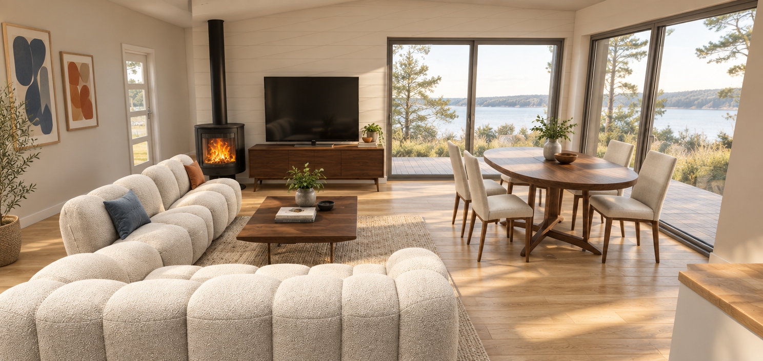 An incredibly lifelike, richly detailed, photorealistic interior perspective of an open-concept living and dining area set in a tranquil, sun-drenched modern home. The scene is illuminated by soft, diffused natural light pouring through floor-to-ceiling glass doors, creating a warm, airy, and inviting atmosphere. Captured with a wide-angle 24mm lens, emphasizing the tactile textures of the plush, ivory-toned bouclé sofa and the rich, organic grain of the walnut dining table.

The space masterfully blends mid-century modern sensibilities with contemporary functionality. A sleek, cylindrical black wood-burning stove serves as a sculptural focal point, its hearth glowing with a vibrant, flickering flame that contrasts beautifully against the neutral palette. The furniture features iconic linear profiles in deep teak and walnut finishes, resting on light oak flooring that grounds the airy composition. Surfaces remain intentionally clutter-free, styled with curated elements like a leather-bound photography book and a single, elegant indoor plant that adds a touch of organic life. In the background, muted blue and soft orange accents in abstract wall art provide subtle pops of color, perfectly complementing the earth-toned aesthetic of this timeless, uncluttered sanctuary.