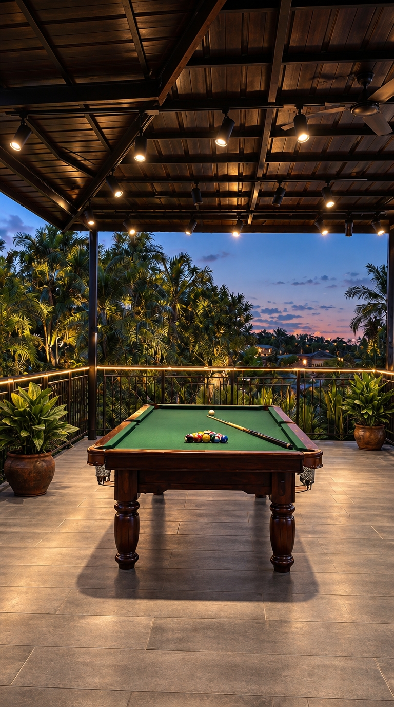 A crisp photograph capturing this covered patio scene at dusk, preserving the exact layout, geometry, and composition without any digital painting artifacts. Warm directional spotlights mounted to the dark timber ceiling cast authentic pools of illumination onto the green wool baize of the pool table, highlighting glossy resin billiard balls and the rich, polished wood grain of the carved legs. Cool ambient twilight filters through the lush tropical foliage beyond the railing, creating a natural color contrast against the warm tungsten lights. The grey tiled patio floor displays realistic micro-textures and soft, diffuse shadows, shot with a sharp 35mm lens, balanced dynamic range, gentle optical vignetting, and fine photographic grain.
