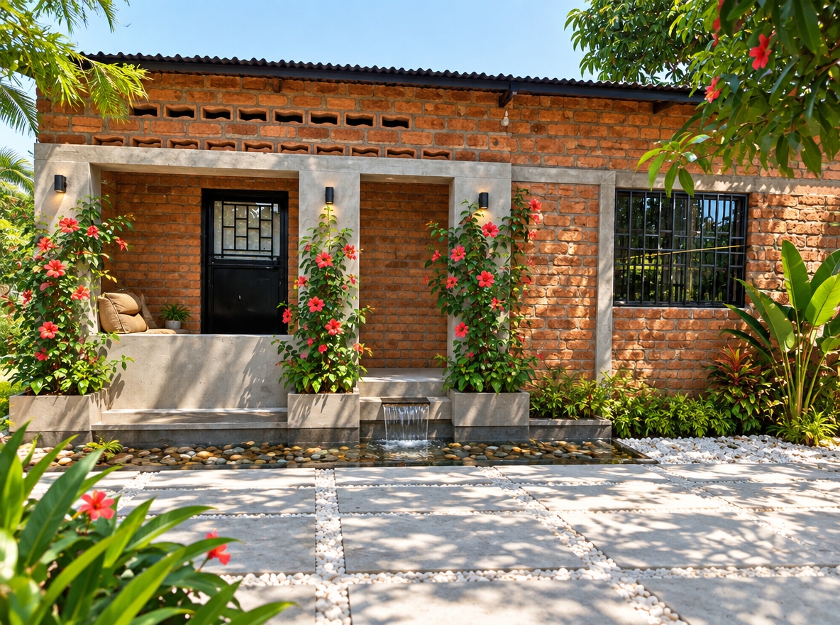 An incredibly lifelike, richly detailed, photorealistic wide-angle shot of a modern biophilic residential exterior set in a sun-drenched, lush tropical garden. The scene is illuminated by the harsh, high-contrast light of a summer midday, creating a vibrant and airy atmosphere. Captured with a 35mm lens, emphasizing the tactile interplay between rustic burnt-orange bricks, smooth polished concrete, and natural textures.

The redesign transforms the facade into a modern fusion sanctuary: the raw brickwork remains as a grounding element, now accented by vertical concrete pillars that house cascading, colorful hibiscus flowers. A gentle, integrated water feature flows along the base of the veranda, trickling over smooth river stones and into a small reflection pool. The ground is meticulously finished with clean-cut concrete pavers interspersed with white decorative stones, replacing the original dirt floor. Large, leafy tropical plants frame the house, softening the architectural lines and inviting nature into the living space. The composition emphasizes a harmonious balance between human-made structure and organic life, presenting a serene, contemporary dwelling that feels both grounded and deeply connected to the environment.