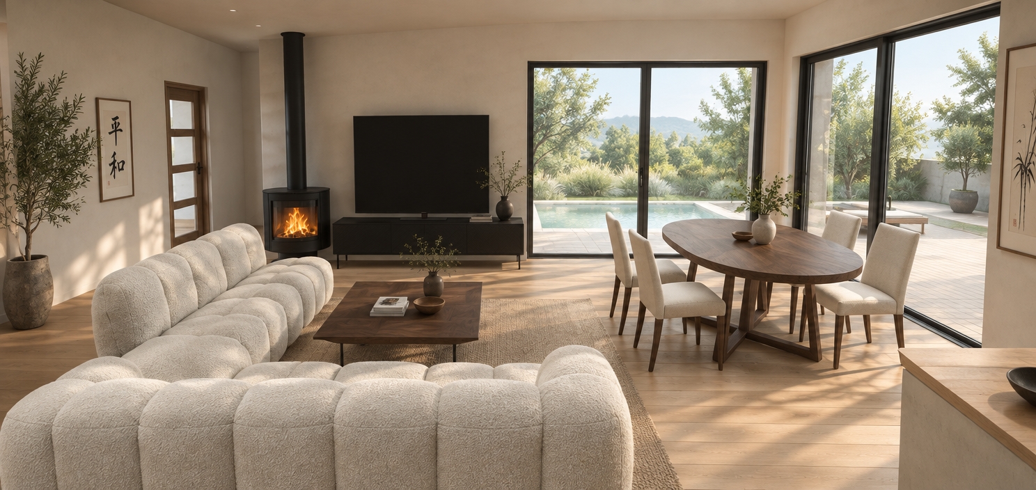 An incredibly lifelike, richly detailed, photorealistic interior shot of an open-concept living and dining space set in a tranquil, nature-integrated home. The scene is illuminated by soft, diffused daylight pouring in from floor-to-ceiling glass doors, creating a harmonious and zen-like atmosphere that emphasizes the connection to a lush, outdoor pool area visible just beyond the glass. Captured with a 35mm wide-angle lens, emphasizing the tactile textures of the plush, off-white bouclé sofa, the rich grain of the oval walnut dining table, and the matte black finish of the cylindrical fireplace.

The design embodies a minimalist wabi-sabi aesthetic, featuring a balanced color palette of warm neutrals, deep charcoals, and the vibrant, organic greens of carefully placed indoor plants. The uncluttered, low-profile furniture creates a sense of airy, meditative space, while the walls serve as a gallery for subtle Japanese calligraphy art. The light oak flooring flows seamlessly beneath the furniture, grounding the composition. Every element—from the slender black metal legs of the coffee table to the soft shadows cast by the afternoon sun—works in concert to evoke a feeling of profound, uncluttered calm, as if plucked from the pages of a high-end interior design photography book.