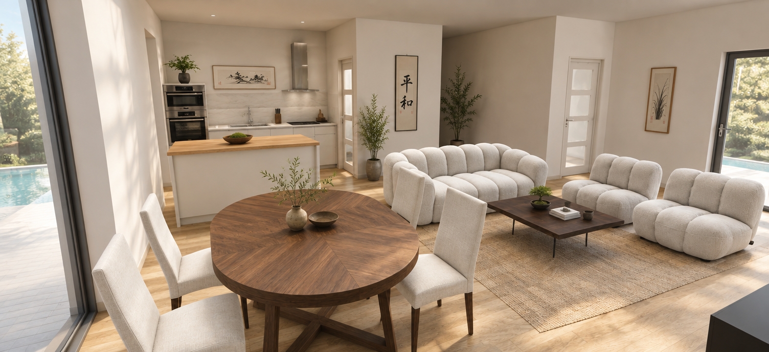 An incredibly lifelike, richly detailed, photorealistic wide-angle interior shot of an open-concept living space set in a tranquil, Japanese Zen-inspired home. The scene is illuminated by soft, diffused natural light pouring in from an expansive glass wall overlooking a serene outdoor pool area, creating a balanced and harmonious atmosphere. Captured with a 35mm lens, emphasizing the rich textures of the herringbone-patterned solid walnut dining table and the crisp, tactile weave of the off-white linen upholstery. 

The aesthetic embraces wabi-sabi principles, featuring minimalist, low-profile wooden furniture and uncluttered surfaces that evoke a sense of profound calm. On the pristine matte-white walls, subtle Japanese calligraphy art provides a sophisticated focal point, while strategically placed indoor plants introduce vibrant, organic greens that bridge the gap between the interior and the lush exterior garden. The composition flows seamlessly from the sleek, high-end kitchen with its light wood countertops to the living area, where plush, modular lounge seating rests atop light oak flooring. The depth of field is masterfully managed, keeping the sharp architectural lines of the space in focus while gently blurring the shimmering, tranquil surface of the pool outside, enhancing the feeling of a refined, peaceful retreat.