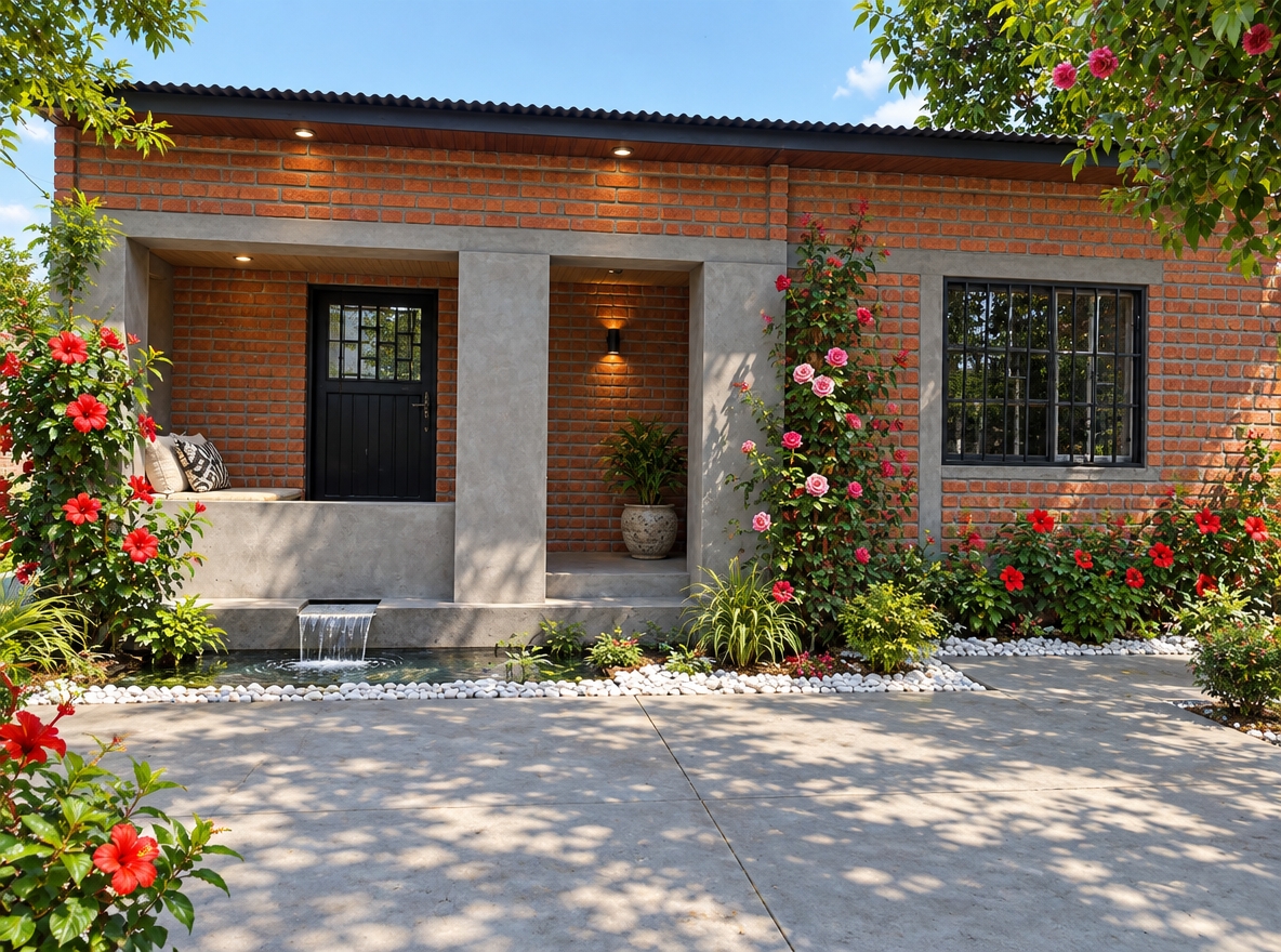 An incredibly lifelike, richly detailed, photorealistic eye-level shot of a renovated rural home set in a lush, sun-drenched garden. The scene is illuminated by the brilliant, crisp light of a summer midday, creating a serene and inviting atmosphere. Captured with a 35mm lens, emphasizing the tactile contrast between raw, red industrial-style bricks and smooth, architectural concrete finishes. 

The structure retains its honest, functional character but is now elevated by a refined aesthetic; the exposed red brickwork is meticulously pointed, framed by sleek, slate-gray concrete pillars and lintels that give it an industrial loft sensibility. The entrance porch has been transformed into a tranquil retreat, featuring clean concrete paving bordered by decorative white river stones and vibrant, overflowing beds of hibiscus 🌺 and climbing roses 🌹. A shallow, recirculating water feature 💦 trickles near the base of the pillars, providing a cooling effect against the midday heat. The house integrates seamlessly into its environment, where the harshness of the construction is softened by the organic geometry of the landscaping, resulting in a harmonious balance between rugged, earth-toned masonry and modern, refreshing design elements.