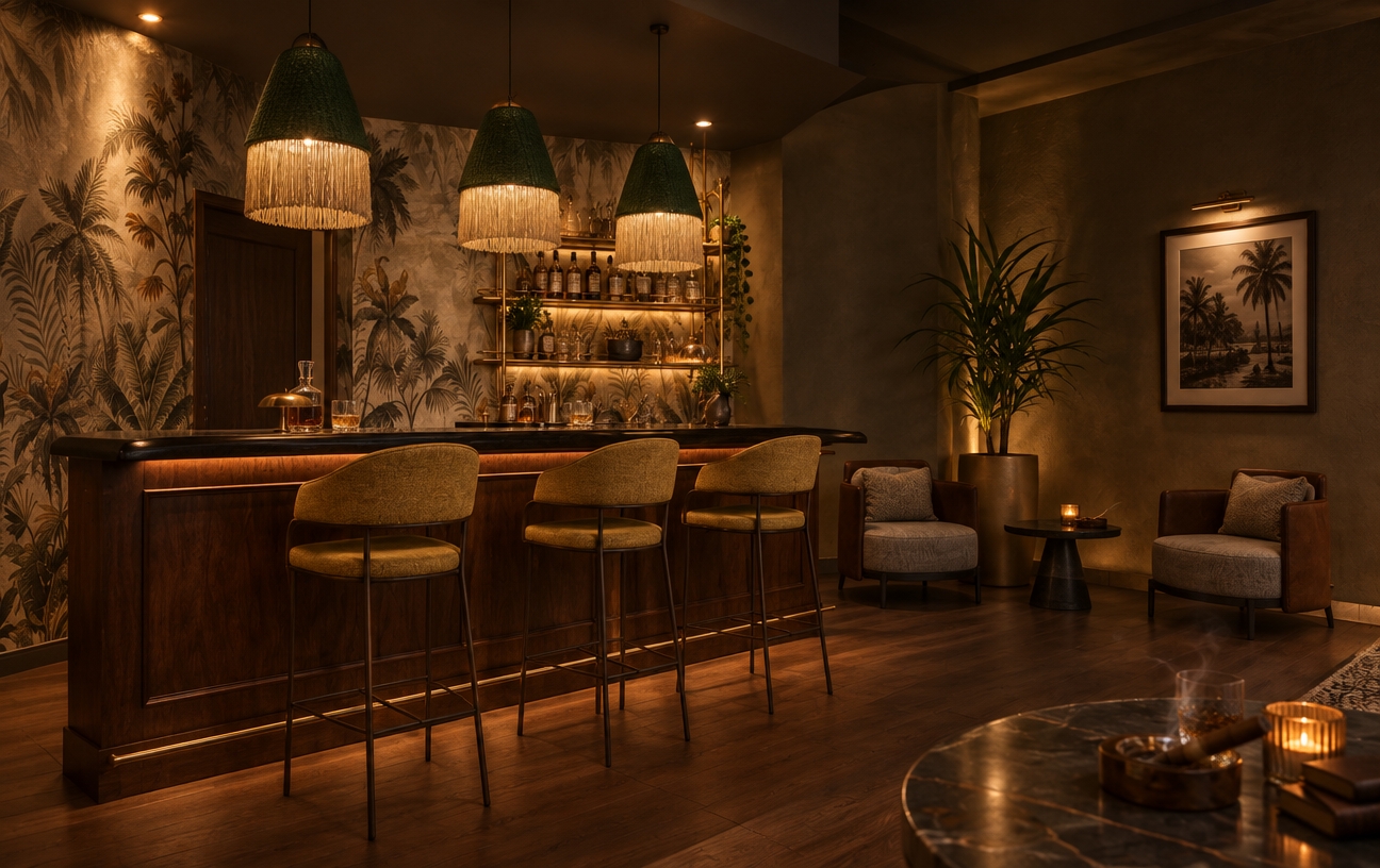 A photorealistic architectural photograph capturing a moody cigar bar atmosphere with dim, warm, low-key lighting while preserving the exact layout and geometry. The rich dark wood counter features realistic grain and polished sheen, complemented by textured woven upholstery on the ochre barstools. Soft, localized illumination spills from the green fringed pendant lights, casting gentle downward pools of light and deep, natural shadows. A faint, cozy ambient haze softly diffuses the background tropical wallpaper and seating area, shot on a 35mm lens with rich contrast, warm color temperature, and realistic material physics.