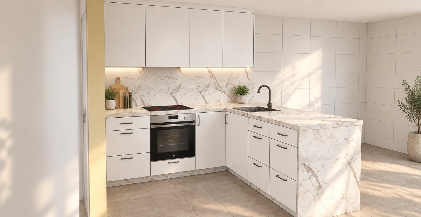 A bright, professionally photographed kitchen interior bathed in soft, natural daylight, keeping the exact layout, geometry, and materials from the image completely intact. Crisp, warm diffuse sunlight fills the room, highlighting the polished white Calacatta marble countertop with subtle gray veining, the clean semi-matte white cabinetry, and the tiled floor. Gentle reflections glint off the stainless steel oven trim, the smooth glass cooktop, and the sleek dark faucet. Realistic ambient occlusions, delicate under-cabinet shadow transitions, and true-to-life surface textures turn the 3D model into an authentic architectural photograph captured with a 35mm lens.