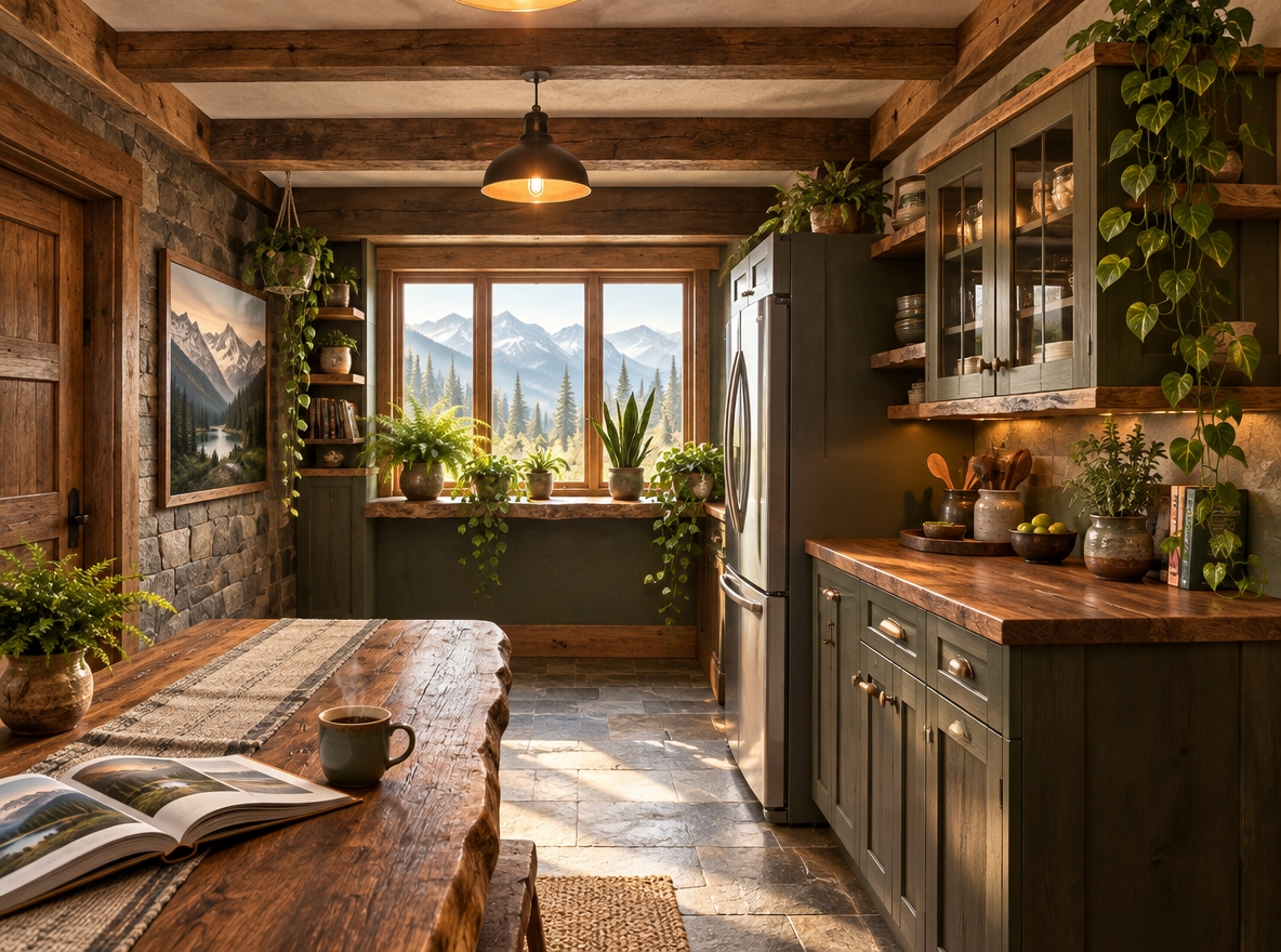 An incredibly lifelike, richly detailed, photorealistic wide-angle interior shot of a cozy, reimagined cabin-inspired kitchen set in a rugged alpine mountain escape. The scene is illuminated by warm, soft morning light filtering through an expansive wood-framed picture window overlooking misty pine-covered peaks, balanced by the amber glow of wrought-iron pendant lighting, creating a comforting, deeply inviting atmosphere. Captured with a 35mm lens at f/4, emphasizing the organic grain of reclaimed dark oak timber, textured stone walls, and earthy slate flooring. The outdated paneling and hutch are replaced with handsome, sturdy log-and-timber cabinetry and floating live-edge shelves finished in shades of deep forest green, rich walnut browns, and warm cream neutrals. A solid handcrafted timber dining table rests in the foreground, styled with an open landscape photography book, a ceramic mug of steaming coffee, and a wool table runner. On the textured accent wall, tasteful panoramic mountain range art complements potted ferns and vibrant indoor trailing plants thriving along the deep window sill, blending rugged wilderness charm with refined mountain living.