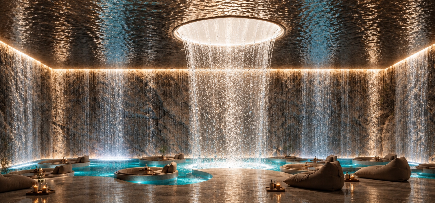 An incredibly lifelike, richly detailed, photorealistic wide-angle interior shot of a luxurious subterranean spa retreat set in a rugged, alpine mountain escape. The scene is illuminated by the soft, ethereal glow of concealed perimeter lighting and the shimmering, crystalline cascade of a massive central circular waterfall, creating a tranquil, otherworldly atmosphere that blurs the line between high-end architectural design and a natural grotto. Captured with a 35mm tilt-shift lens, the composition emphasizes the contrast between the polished, rippling metallic ceiling—which mirrors the movement of the turquoise water—and the raw, craggy stone walls that enclose the space like a sheltered mountain sanctuary. Nestled within the expansive pool are floating, circular lounge pods finished in warm, earthy textiles, while at the water’s edge, plush, oversized beanbag chairs invite guests to unwind in a cozy, cabin-inspired environment defined by deep browns and soft, inviting neutrals. The tactile quality of the stone, the rhythmic vertical lines of the cascading water, and the subtle placement of rustic wooden accessories and indoor greenery evoke a sophisticated, nature-centric aesthetic, feeling as if it were pulled straight from the pages of a high-end architectural photography book showcasing a secluded, mountainous wellness haven.