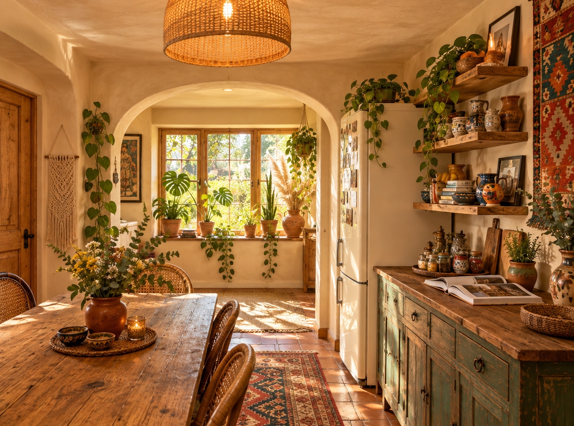An incredibly lifelike, richly detailed, photorealistic wide-angle interior shot of a reimagined bohemian oasis kitchen and dining space set in a soulful, sun-drenched home. The scene is illuminated by warm, golden late-afternoon sunlight pouring through a brightened garden-facing casement window and the ambient amber glow of woven rattan pendant lights, creating an inviting, free-spirited, and serene atmosphere. Captured with a full-frame 24mm f/2.8 lens, emphasizing the tactile richness of woven macramé, raw reclaimed timber, layered vintage kilim textiles, and lush greenery. 

In this elevated transformation, the dated pine partitions are replaced by a graceful, soft-curved plaster archway that naturally frames the sunlit bay window nook, now brimming with cascading pothos, monstera, and tall stalks of pampas grass in terracotta urns. Rich tones of warm rust, mustard yellow, and deep teal adorn the space through a large handcrafted wall tapestry and eclectic vintage-collected ceramic displays. The awkward corner hutch is reimagined as an earthy, distressed credenza topped with open photography books and artisanal spices, while the linoleum floor yields to warm terracotta pavers dressed in layered Moroccan and jute rugs. An expansive reclaimed wood dining table paired with sculpted rattan and woven cane chairs anchors the room, crafting a harmonious, globally-inspired sanctuary tailored for relaxed communal living.
