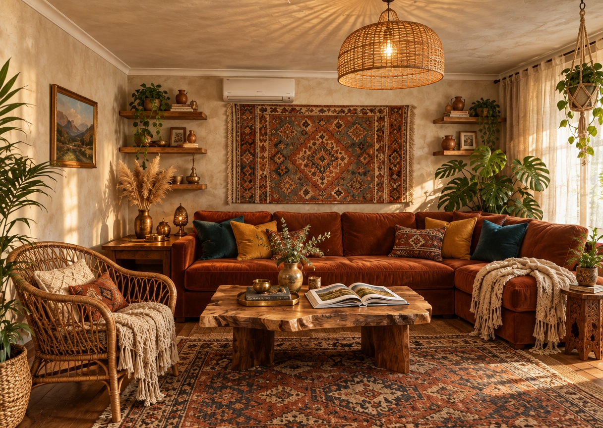 An incredibly lifelike, richly detailed, photorealistic wide-angle interior shot of a transformed bohemian oasis living room set in a warm, character-filled residential retreat. The scene is illuminated by gentle, golden late-afternoon sun filtering through sheer ivory drapery, complemented by the amber, ambient glow of woven rattan pendant lights, creating a cozy, free-spirited, and relaxed atmosphere. Captured with a 35mm f/2.8 lens, emphasizing rich, tactile textures of hand-knotted macramé, woven jute, plush velvets, and verdant botanical foliage. 

Replacing the dated floral patterns and ceiling tiles, soft neutral limewash walls frame a stunning oversized woven tapestry wall art and open floating shelves with vintage-collected pottery. A deep-seated, comfortable sofa in rich rust velvet is dressed with textured mustard and deep teal cushions, centered around a live-edge wooden coffee table displaying open photography art books and brass accents. The space is anchored by beautifully layered Moroccan and vintage Kilim rugs over natural oak floors, accompanied by a sculptural rattan accent chair and macramé plant hangers. Lush indoor greenery—featuring mature monstera, cascading pothos, and tall vases of feathered pampas grass—infuses the room with life, completing a harmonious, globally inspired sanctuary.