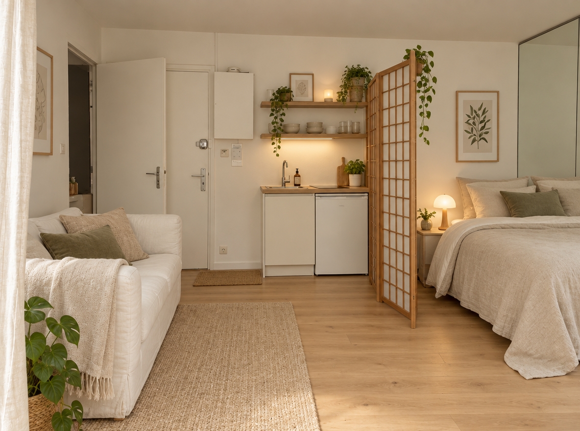 Redecorate this studio apartment in a warm Scandinavian style. Keep the room layout, walls, windows, doors, and mirror wall unchanged. Keep the bed and sofa in place. Repaint the turquoise door off-white. Replace the grey carpet with light oak wood flooring. Place the Japanese folding screen as a divider between bed and living area. Add a small compact kitchenette against the back wall instead of the coffee table, a light rug under the sofa, a linen bedspread, a bedside lamp, linen curtains and a few plants. Bright, cozy, natural materials. Photorealistic.