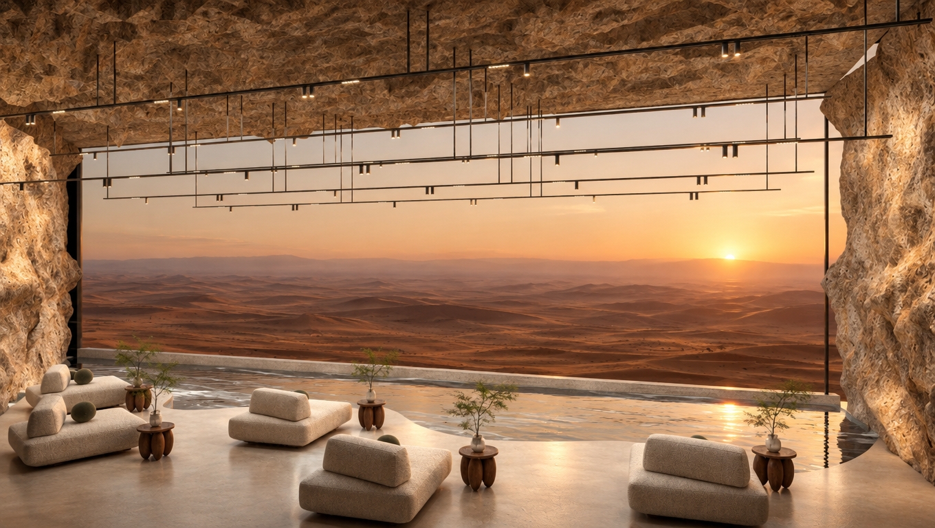 An incredibly lifelike, richly detailed, photorealistic wide-angle interior photo of a secluded, cave-carved lounge set in a vast, arid mountain escape. The scene is illuminated by the soft, diffused amber glow of a desert sunset, creating a meditative, ethereal atmosphere. Captured with a high-end 35mm lens, the rendering emphasizes the contrast between the rugged, chiseled limestone ceiling and walls and the plush, minimalist comfort of the seating area. The space feels like a luxurious, cabin-inspired sanctuary, where low-profile, cream-colored modular sofas are arranged on a seamless, light-toned floor that transitions into a reflective indoor infinity pool, mirroring the deep, warm browns of the distant, rolling desert dunes visible through the expansive, frameless glazing. Sturdy, handcrafted wooden side tables with organic, petal-like bases support delicate, wispy indoor plants, adding a touch of vibrant green to the otherwise neutral, earthen palette. The ceiling is a complex matrix of industrial-chic track lighting, with slender black rods and pinpoint LEDs that mimic a constellation of stars against the jagged, natural stone overhead. The composition is masterfully balanced, drawing the eye from the intimate, texture-rich foreground of the lounge furniture toward the vast, silent horizon of the sun-scorched mountains, evoking a sense of tranquil isolation and primitive luxury found in a high-end architectural photography book.