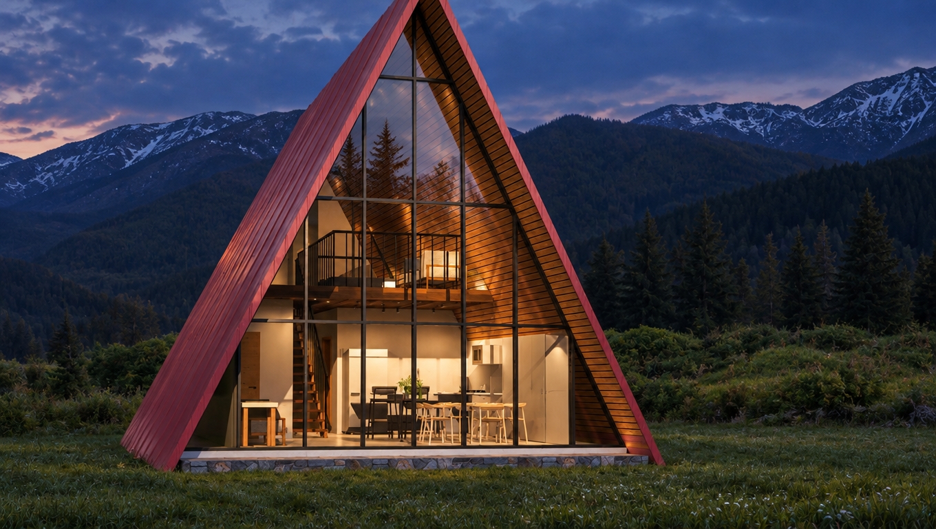 An incredibly lifelike, richly detailed, photorealistic eye-level shot of a modern A-frame cabin set in a lush, mountainous valley during a cool spring night. The scene is illuminated by the soft, warm ambient glow emanating from the interior through the expansive floor-to-ceiling glass facade, creating an intimate, inviting, and tranquil atmosphere. Captured with a 35mm lens, the focus emphasizes the juxtaposition between the bold, vibrant crimson-toned metal roof and the natural grain of the interior wooden siding.
The structure embodies a modern fusion of industrial-inspired design and clean geometric lines, featuring a sleek, modular profile. Through the glass, the open-concept interior reveals sophisticated, minimal decor with a palette of deep blacks and crisp whites, highlighted by subtle metallic accents and warm timber stairs. The reflective properties of the glazing provide a subtle play of light against the surrounding alpine landscape, where hints of dark, abstracted forest silhouettes stand against a twilight sky. The ground is covered in dense, dew-kissed spring grass, framing the base of the cabin where stone masonry work grounds the structure in its pristine environment, lending a sense of contemporary elegance and architectural permanence to the remote setting.