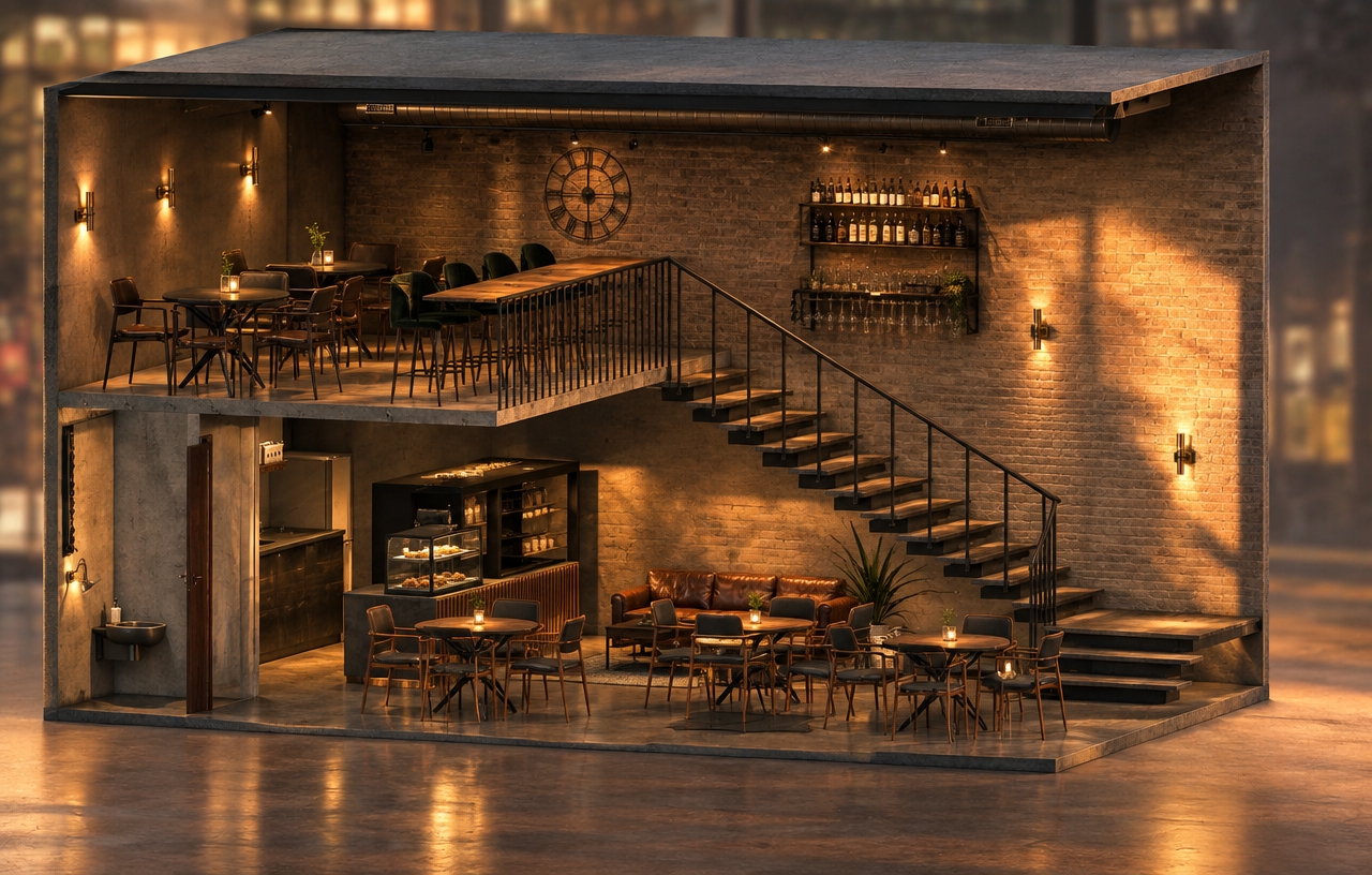 An incredibly lifelike, richly detailed, photorealistic isometric cutaway shot of a two-story industrial coffee shop set in an urban loft conversion. The scene is illuminated by the golden, amber glow of a setting sun filtering through unseen high windows, creating a warm, moody atmosphere that highlights the rich textures of the space. Captured with a 35mm tilt-shift lens, emphasizing the interplay between the cool, raw concrete flooring and the deep rust and charcoal tones of the interior.

The design exudes a rugged, warehouse-inspired aesthetic, featuring exposed structural beams and dark metallic ductwork running along the ceiling. On the ground level, a vintage cognac leather sofa anchors a lounge area near a sleek, black-finished service counter and display cases. A striking, minimalist metal staircase with slender railing leads up to a mezzanine dining loft, where high-top seating and bistro tables are arranged. The walls are adorned with refined brass-accented sconces and a large, bold wall clock that anchors the industrial vibe. The mixture of reclaimed wood table surfaces, matte black metal frames, and the sophisticated geometry of the space creates an inviting, upscale urban sanctuary where every material—from the polished concrete underfoot to the plush, dark velvet chair upholstery—is rendered in crisp, tactile detail.