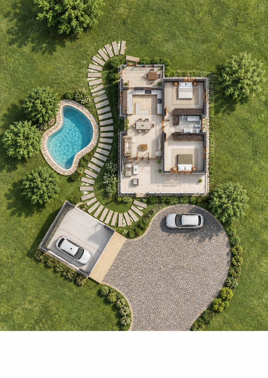 A top-down aerial photograph maintaining the exact orthographic layout and framing of the property under bright midday summer sunlight. The scene features a lush green lawn, a textured cobblestone driveway with realistic parked cars, stone pavers, and an organic-shaped swimming pool with clear turquoise water and subtle surface highlights. The cutaway residence displays realistic interior finishes, including ceramic tiles, polished wood floors, and furnished rooms, with structural walls casting short, sharp overhead shadows. Surrounding deciduous trees show dense, vibrant green summer foliage, captured with sharp edge-to-edge medium-format clarity, balanced 5600K daylight, and natural photographic textures throughout.
