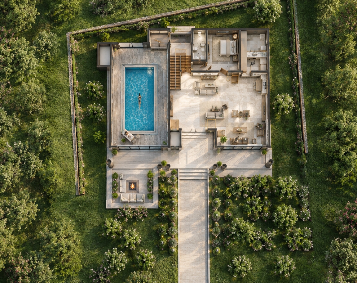 An incredibly lifelike, richly detailed, photorealistic wide-angle architectural photograph of the ground floor of a luxury classical duplex villa set in a secluded, sun-drenched spring estate garden. The scene is illuminated by crisp, natural midday sunlight cascading through vast floor-to-ceiling glass partitions, balanced by warm, recessed architectural cove lighting that creates an airy, sophisticated, and tranquil atmosphere. Captured with a full-frame professional camera and a 24mm tilt-shift architectural lens, emphasizing the veined texture of polished Calacatta marble flooring, bespoke wall panel moldings, and the sunlit ripples of the covered pool.
Through the seamless interior glazing on the left, an elegant swimmer glides effortlessly in the crystalline azure pool flanked by textured travertine decking and an adjacent open-riser staircase crafted with rich walnut and satin brass accents. The grand living and reception hall is furnished with plush neutral-toned seating, opening gracefully past structural classical columns toward a wide front terrace and a sunken limestone fire pit nestled into manicured emerald lawns and blossoming topiaries, flawlessly realizing the spatial elegance of the ground-floor design.