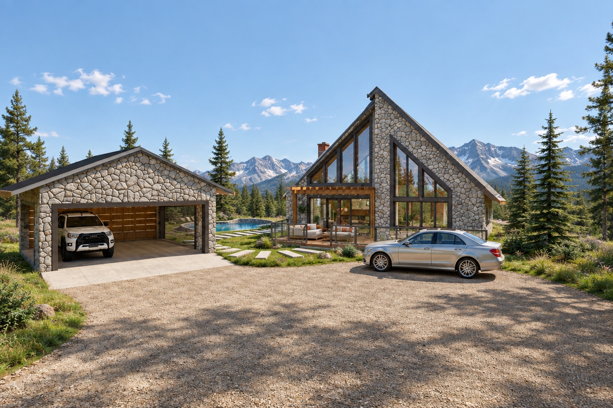 An incredibly lifelike, richly detailed, photorealistic wide-angle exterior shot of a sophisticated mountain retreat set in a sprawling, sun-drenched alpine meadow during a crisp summer midday. The scene is illuminated by the brilliant, high-noon sun, casting sharp, defined shadows that accentuate the rugged texture of the irregular, ash-grey fieldstone cladding that envelopes both the primary A-frame residence and the detached open-bay garage. Captured with a 35mm lens, the image emphasizes the interplay between the organic stone façades and the sleek, dark-bronze aluminum framing of the expansive floor-to-ceiling windows, which reflect a soft, muted blue sky. A clean, sweeping dirt driveway leads the eye toward the home, where a modern silver sedan is parked, while a white off-road vehicle sits nestled within the airy garage. In the mid-ground, a curved stone pathway guides visitors toward the residence's raised teak-decked patio, furnished with minimalist, comfortable outdoor seating in earth-toned cushions, accented by hints of warm orange throw pillows that mirror the iconic mid-century aesthetic. The surrounding landscape is meticulously manicured, featuring towering, needle-leafed pines that frame the structure, while the proximity to a refreshing backyard pool area adds a sense of timeless, functional luxury. Through the expansive glass, glimpses of a clutter-free interior reveal warm walnut cabinetry and lush, vibrant indoor plants, creating an atmosphere of organic, uncluttered serenity that feels pulled directly from the pages of a high-end architectural photography book.