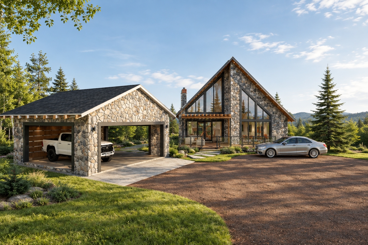 An incredibly lifelike, richly detailed, photorealistic wide-angle architectural exterior shot of a stunning A-frame retreat set in a sun-drenched, lush summer garden. The scene is illuminated by the soft, golden glow of a clear midday sun, creating an inviting, serene, and timeless atmosphere. Captured with a professional-grade 35mm lens, the image emphasizes the tactile texture of the natural stone cladding, which contrasts beautifully with the sleek, dark-framed expansive glazing of the A-frame structure. In the foreground, a modern, functional carport houses a white utility truck, while a polished sedan sits on the rich, earthy brown driveway that curves gently toward the residence. The home itself embodies mid-century modern sensibilities, with its sharp, linear roofline and timber-accented deck that hints at a warm, uncluttered interior featuring walnut furniture, organic shapes, and vibrant pops of orange and muted blue decor visible through the glass. The surrounding landscape is manicured and vibrant, punctuated by elegant stone pavers leading to the entrance and a solitary, majestic evergreen tree that balances the composition. The depth of field is masterfully managed, casting soft, realistic shadows that define the architectural volume, while the reflection on the glass surfaces captures the surrounding greenery, grounding the house perfectly within its idyllic, nature-integrated environment.
