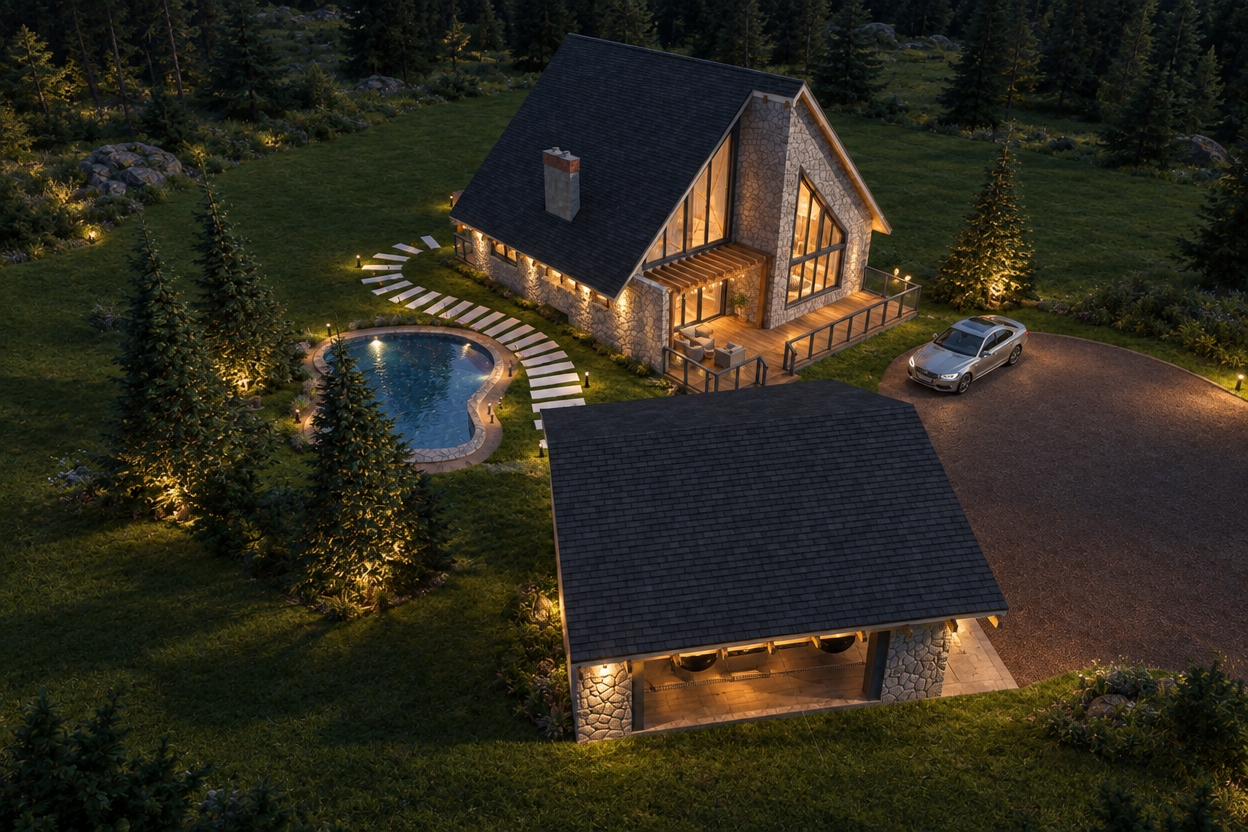An incredibly lifelike, richly detailed, photorealistic bird’s-eye architectural rendering of a secluded mountain retreat set in a tranquil, moonlit summer landscape. The scene is illuminated by the soft, golden glow of warm interior lighting spilling from the A-frame windows and a string of ambient lanterns along the pergola, creating a serene, sophisticated, and inviting atmosphere. Captured with a high-end tilt-shift lens to emphasize the crisp textures of the rugged flagstone cladding and the rich, dark charcoal asphalt shingles, the composition balances the structural elegance of the mid-century modern aesthetic with the lush, organic surrounding. The estate features a curvilinear swimming pool reflecting the starlit sky, connected to the home by a rhythmic path of minimalist white stone pavers that cut through the vibrant, manicured lawn. The home’s exterior integrates seamlessly with the environment, showcasing teak wood decking and walnut-toned accents that complement the muted blue accents of the contemporary window frames. An iconic sedan rests on the sweeping driveway, while the surrounding pine trees cast long, soft shadows, enhancing the depth of field. The entire aesthetic is timeless and uncluttered, capturing a functional, high-end lifestyle where every detail—from the sleek lines of the roofline to the carefully placed landscaping—evokes a sense of peaceful, curated luxury in the quiet depth of a summer night.