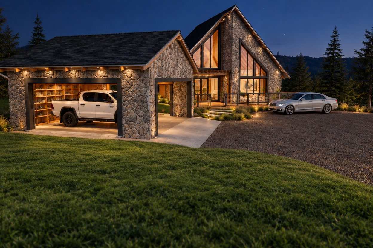 An incredibly lifelike, richly detailed, photorealistic wide-angle architectural exterior shot of a sophisticated mountain retreat set in a sprawling, lush garden under a clear summer night sky. The scene is illuminated by the soft, warm golden glow emanating from the expansive floor-to-ceiling A-frame windows, creating an inviting, tranquil, and quintessentially Mid-Century Modern atmosphere. Captured with a high-end full-frame camera and a 35mm lens, the rendering emphasizes the textured, cool-toned dry-stack stone cladding of the garage and main villa, which contrasts beautifully with the warm, rich grain of the exposed teak timber beams and deck accents. The composition draws the eye toward the seamless integration of indoor and outdoor living, where the clutter-free, organic aesthetic of the interior—visible through the glass—features curated walnut furniture and elegant abstract wall art in earth tones and muted blues, complemented by vibrant indoor plants that bridge the boundary between architecture and nature. In the foreground, the manicured lawn transitions into a naturalistic crushed-stone driveway where a pristine silver sedan sits, while a rugged white truck is parked neatly within the open, functional bay of the stone-clad garage, all captured with a shallow depth of field that renders the surrounding dark, pine-studded landscape in a soft, dreamy blur, underscoring the timeless, linear, and iconic design of the residence.