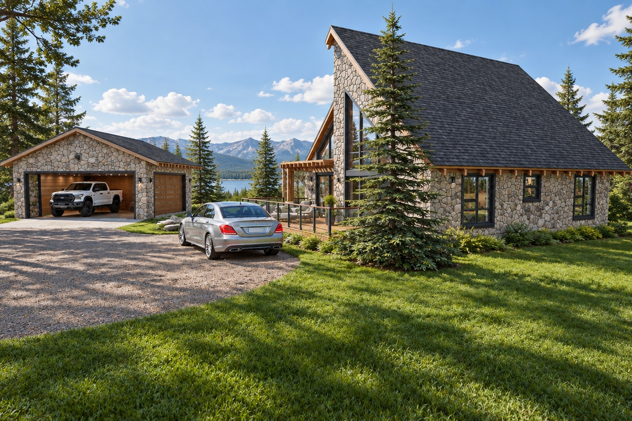 An incredibly lifelike, richly detailed, photorealistic wide-angle exterior shot of a modern stone mountain chalet and detached garage, set in a sprawling, lush summer garden. The scene is illuminated by the bright, crisp light of midday, creating a serene and timeless atmosphere. Captured with a 35mm lens, the rendering emphasizes the textural depth of the rugged, variegated stone masonry that clads the residence, contrasted against the sleek, dark charcoal asphalt shingles of the steeply pitched A-frame roof. In the foreground, a smooth gravel driveway curves toward the structures, where a silver luxury sedan sits parked, while a robust white pickup truck rests inside the open-bay garage. The home features iconic, linear Mid-Century Modern geometry with towering floor-to-ceiling triangular windows that capture the reflection of a clear sky, accented by warm teak wood pergola detailing over a cozy timber deck. The surrounding landscape is meticulously manicured, punctuated by towering, needle-leaf pines that cast soft, organic shadows across the vibrant green lawn. The entire composition exudes a functional, uncluttered elegance, evoking a sense of refined comfort where shades of earth tones and muted blues harmonize with the natural environment, suggesting a sophisticated interior filled with walnut furniture, verdant indoor plants, and abstract art, perfectly blending architectural permanence with the effortless grace of high-end, timeless living.