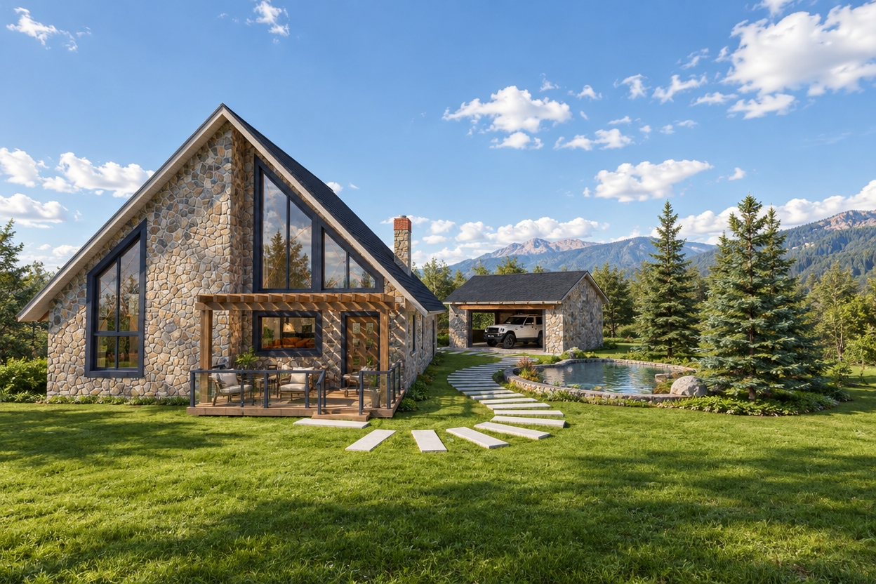 An incredibly lifelike, richly detailed, photorealistic wide-angle exterior shot of a sophisticated mountain retreat set in a lush, expansive summer garden. The scene is illuminated by the crisp, golden clarity of midday sun, creating a serene and timeless atmosphere. Captured with a 35mm lens, emphasizing the tactile, rugged texture of the hand-laid stone cladding that envelopes the A-frame structure, the rendering highlights the sleek, dark-blue framing of the soaring floor-to-ceiling windows which reflect the azure sky. A rustic yet refined timber pergola extends over a teak-decked terrace, furnished with minimalist, clutter-free outdoor seating in muted earth tones that evoke a classic mid-century sensibility. A winding path of polished concrete pavers snakes gracefully through the manicured green lawn, connecting the main house to a detached stone-clad carport—where a rugged truck sits parked—and a naturalistic, kidney-shaped pond bordered by towering, vibrant spruce trees. The composition balances the linear geometry of the architecture with the organic curves of the landscaping, while subtle hints of indoor greenery visible through the glass hint at an interior filled with walnut furnishings, pops of burnt orange, and minimalist decor, all harmonizing within an uncluttered and functional residential sanctuary.