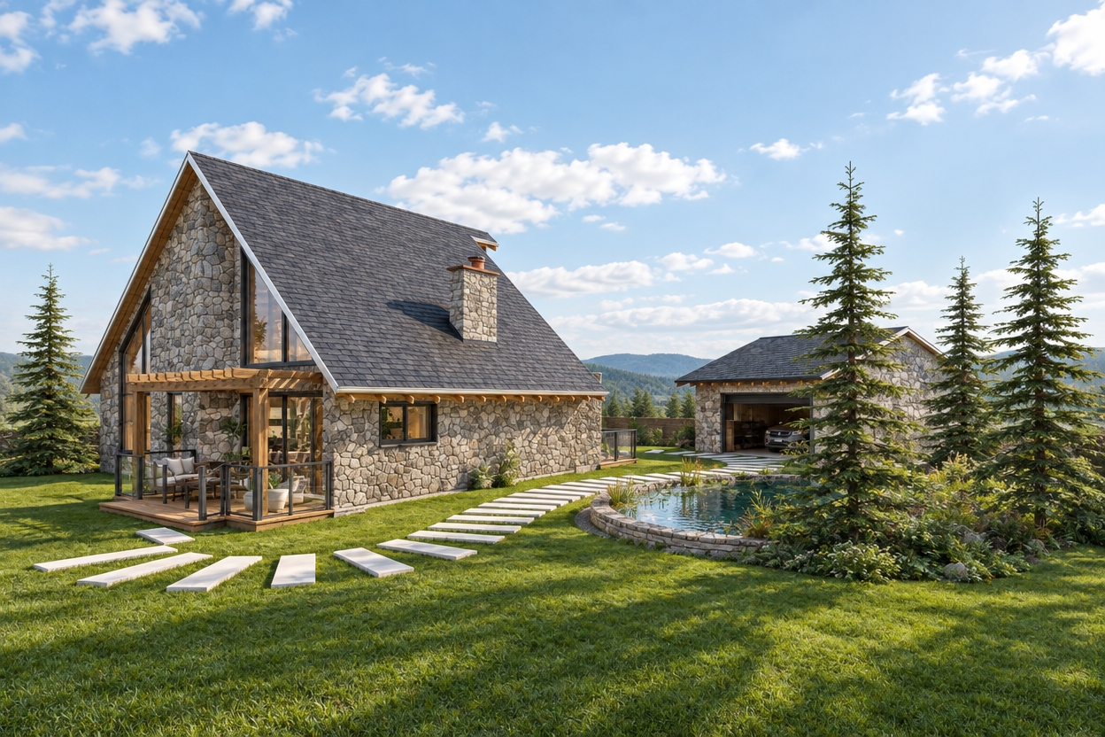 An incredibly lifelike, richly detailed, photorealistic wide-angle architectural shot of a charming stone-clad mountain chalet set in a lush, rolling summer garden. The scene is illuminated by the crisp, golden clarity of a high-midday sun, creating a bright, serene atmosphere with soft, natural shadows stretching across the verdant lawn. Captured with a professional architectural lens, the image emphasizes the tactile, rugged texture of the hand-laid grey stone masonry that envelopes both the primary structure and the detached garage, contrasting beautifully with the sleek, dark slate roof shingles. A prominent timber pergola extends from the facade, offering a welcoming transition to an outdoor living space furnished with rich teak and walnut accents that echo the mid-century modern aesthetic. The architectural composition is defined by clean, linear geometries and an uncluttered silhouette, while the natural landscape is punctuated by tall, elegant evergreens and a whimsical stone-bordered pond. A path of white, floating concrete pavers meanders across the vibrant green grass, leading the eye toward the home’s interior, where hints of earth-toned textiles, muted blue accents, and lush indoor greenery suggest a space that is as functional and timeless as it is aesthetically grounded. The overall impression is one of harmonious integration between organic materials and refined, modern design, perfectly suited for the pages of a high-end architectural photography book.