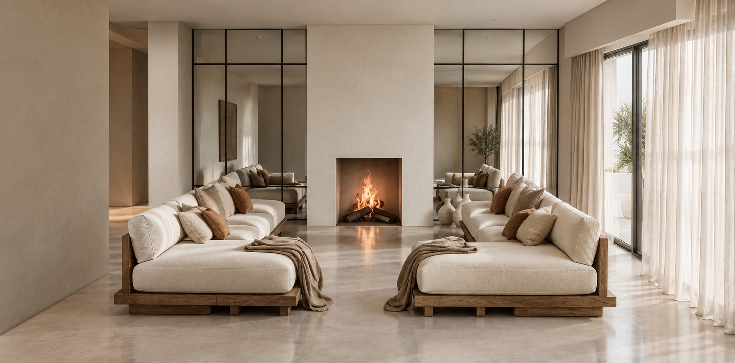 An incredibly lifelike, richly detailed, photorealistic interior shot of a modern, minimalist living room set in an airy, high-end residence. The scene is illuminated by the soft, diffused glow of midday light filtering through sheer curtains, creating a serene and sophisticated atmosphere. Captured with a 35mm wide-angle lens, emphasizing the clean lines and tactile textures of the space.
The room is anchored by two plush, cream-toned modular sofas with deep seating, resting on warm, raw-oak platforms that ground the minimalist aesthetic. A central fireplace feature stands as the room’s focal point, its smooth, matte-white plaster finish contrasting beautifully with the dancing amber flames of a cozy fire. Flanking the fireplace are floor-to-ceiling mirror panels framed in sleek, architectural matte-black metal, which elegantly reflect the room and amplify its sense of depth. Soft, earthy-toned cushions and draped, lightweight throws add a layer of organic warmth to the crisp, structured geometry of the space, while artisanal ceramic vases grouped near the hearth lend a curated, quiet luxury to this tranquil haven.