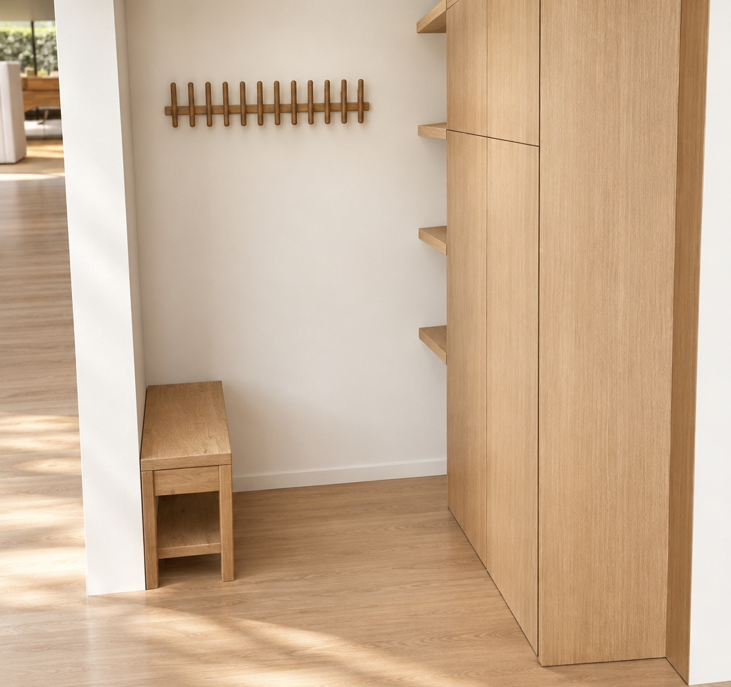 An incredibly lifelike, richly detailed, photorealistic interior shot of a minimalist entryway and walk-in closet set in a sun-drenched modern home. The scene is illuminated by soft, diffused midday light streaming from an unseen window, creating a serene and airy atmosphere. Captured with a 35mm wide-angle lens, emphasizing the warm, cohesive grain of light oak wood that flows seamlessly from the hardwood flooring up to the custom floor-to-ceiling wardrobe doors and the matching floating shelving unit. 

The cabinetry features sleek, handle-less doors in a premium light wood veneer, exuding a high-end, bespoke finish. Beside the closet, a series of minimalist floating shelves repeat the same rich wood texture, offering an elegant display space that complements the sturdy, handcrafted wood bench positioned perfectly for convenience. A wall-mounted rack with slender, vertical wooden slats adds a rhythmic, organic touch against the crisp, matte white wall. The composition is balanced and uncluttered, highlighting the harmony between the warmth of the natural wood and the clean, architectural lines of the space, evoking a sense of tranquil, organized luxury.