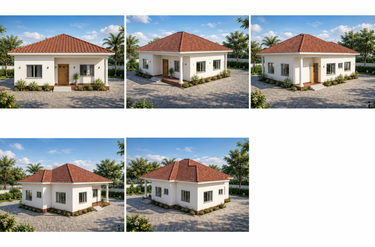 An incredibly lifelike, richly detailed, photorealistic wide-angle architectural rendering of a charming mid-century modern bungalow, set in a sun-drenched, manicured suburban landscape. The scene is illuminated by the brilliant, crisp light of a summer midday sun, casting soft, directional shadows that emphasize the clean, crisp lines of the structure and creating an airy, inviting atmosphere. Captured with a professional-grade 35mm lens, the image highlights the stark contrast between the pristine, eggshell-white stucco walls and the deep, warm terracotta-toned hip roof. The ground is paved with high-quality, weathered-grey interlocking bricks that extend from the foundation, lending a grounded, tactile texture to the surroundings. The architecture features a welcoming front porch supported by a classical white column, while polished wooden doors and modern, minimalist window frames add subtle organic warmth to the exterior. Every detail—from the subtle sheen on the roof tiles to the precise geometric alignment of the pavers—is rendered with the high-fidelity clarity of Lumion, showcasing the home's balanced, symmetrical proportions and its serene, timeless appeal in a lush, peaceful residential context.