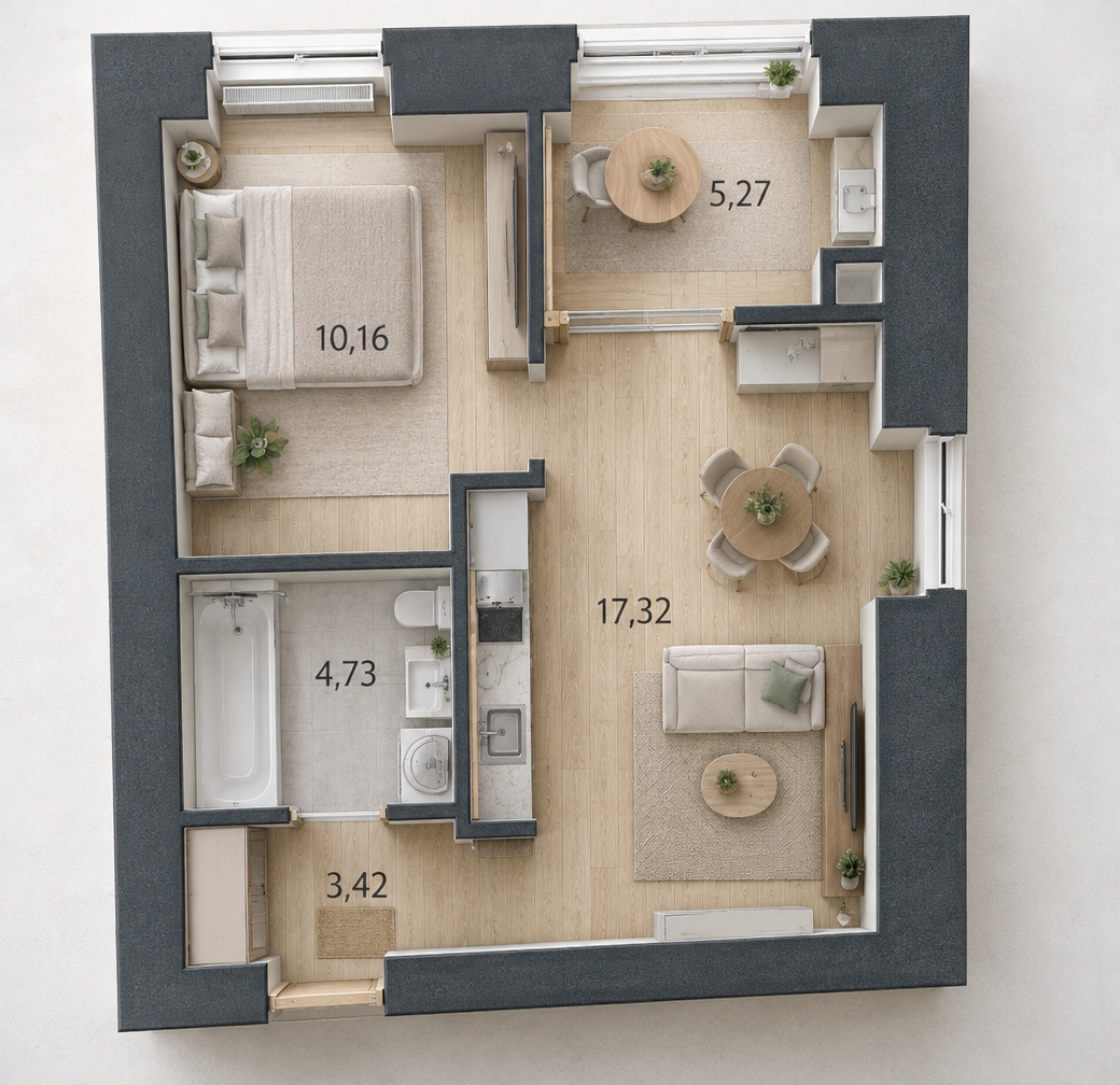 A top-down architectural photograph of the furnished apartment layout rendered in an airy Scandinavian style with light tones, maintaining the exact floor plan geometry, room placement, and overhead orthogonal perspective. The interior features pale blonde oak wood flooring, matte white and soft light-gray walls, neutral beige textiles, and minimalist modern furniture corresponding precisely to the blueprint layout. Crisp, diffused daylight pours through the window openings, casting soft, natural directional shadows across the clean interior surfaces. Captured with a sharp medium format digital lens, balanced exposure, clean white balance, realistic micro-textures on fabrics and light wood, and subtle natural film grain.