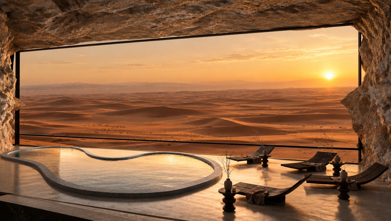 An incredibly lifelike, richly detailed, photorealistic wide-angle shot of a cavernous desert sanctuary set in the heart of a vast, undulating dune landscape. The scene is illuminated by the soft, golden-hued glow of an eternal sunset, creating a meditative, tranquil atmosphere that blurs the line between shelter and wilderness. Captured with a Phase One XF IQ4 medium format camera and a 24mm tilt-shift lens, the image emphasizes the stark contrast between the jagged, raw-hewn natural stone walls of the cavern and the ultra-sleek, minimalist glass facade that frames the endless sea of sand. In the foreground, an organic, bean-shaped infinity pool finished with matte-grey mosaic tiling mirrors the amber sky, while a collection of low-profile, ergonomic chaises longues—crafted from dark, reclaimed timber—are scattered across the smooth, polished concrete flooring. Each seating area is accented by a small, artisanal wooden side table topped with delicate, spindly dried botanicals in ceramic vases, introducing a rustic, alpine-inspired touch of texture to the minimalist interior. The composition masterfully balances the immense scale of the desert outside with the intimate, cozy luxury of the room, where deep brown shadows pool beneath the furniture, and the subtle, tactile quality of the stone ceiling creates an impression of a rugged mountain hideaway turned into a high-end, contemporary retreat.