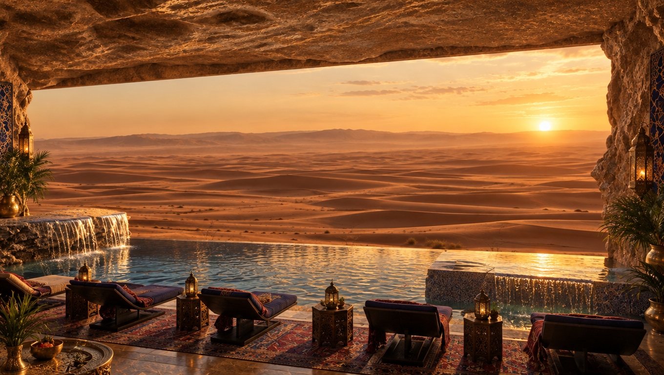 An incredibly lifelike, richly detailed, photorealistic interior shot of a subterranean Moroccan-inspired sanctuary set in the heart of an endless, sun-drenched desert. The scene is illuminated by the soft, diffused amber glow of a setting sun, creating a mystical and sensual atmosphere that highlights the dramatic juxtaposition between the rugged, cavernous walls and the opulent refinement of the interior. Captured with a wide-angle 35mm lens, the composition emphasizes the vast, uninterrupted horizon of rolling sand dunes framed by the raw, carved rock face, drawing the eye toward an elegant, tiered water feature that spills into a tranquil, infinity-edged reflection pool. The foreground is anchored by a series of sleek, dark-toned loungers arranged with rhythmic precision, punctuated by ornate, hand-carved wooden side tables that echo the intricate geometry of the space. Rich, vibrant accents in shades of deep sapphire blue, crimson, and brushed gold manifest in patterned textiles and geometric wall art, while lush indoor plants add a breath of life to the arid, earthy textures. The interplay of shadows and the rhythmic cascade of water from the limestone edge create a sense of profound serenity, with the glossy, rippled surface of the pool mirroring the shifting golden hues of the landscape beyond, perfectly blending high-end architectural luxury with the raw, exotic mystery of the Sahara.
