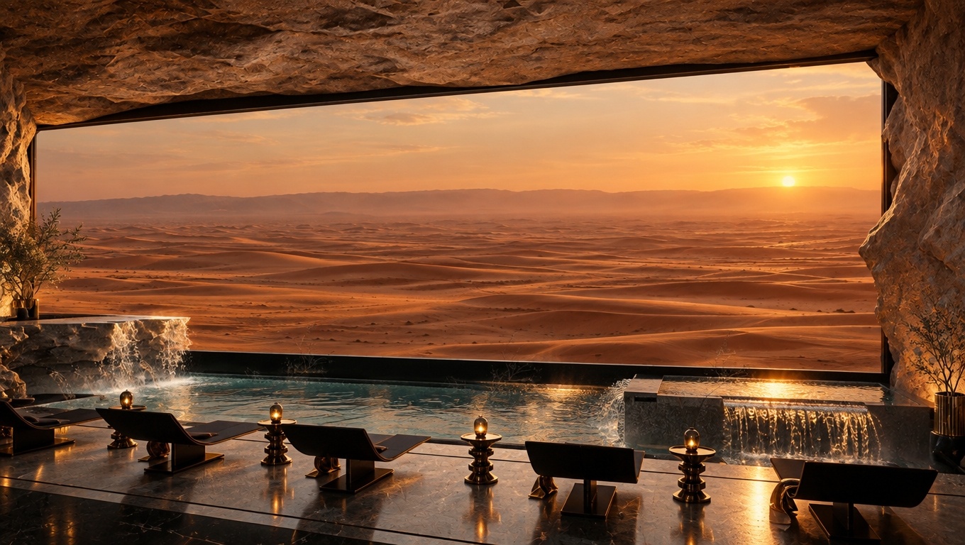 An incredibly lifelike, richly detailed, photorealistic interior shot of a subterranean desert sanctuary set in the heart of a vast, golden dune landscape. The scene is illuminated by the warm, diffused glow of a setting sun filtering through a massive, panoramic window, creating a serene and timeless atmosphere. Captured with a high-end architectural wide-angle lens, emphasizing the sharp contrast between the rugged, tactile stone walls of the cavernous interior and the sleek, Art Deco glamour of the foreground furniture. The space is defined by bold, geometric symmetry, featuring streamlined, lacquered lounge chairs finished in deep shades of black that anchor the room against the vastness of the exterior horizon. Luxurious, gilded accents shimmer on ornamental side tables, while jewel-toned reflections dance across the polished surfaces of the integrated infinity pool. The composition is masterfully balanced, drawing the eye from the intricate, ornamental silhouettes of the seating toward the expansive desert view, where the fine, windswept sand textures create a sense of profound depth. Delicately placed, minimalist indoor plants provide a touch of organic life, softening the opulent, extravagant aesthetic of the environment, while a fine mist cascades from water features, adding a shimmering, ethereal quality to this chic and perfectly curated architectural visualization.