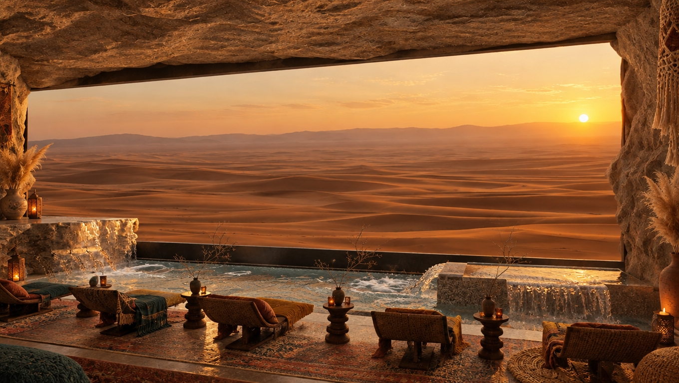 An incredibly lifelike, richly detailed, photorealistic interior shot of a serene, bohemian-inspired onsen retreat set in a secluded desert cavern. The scene is illuminated by the soft, diffused golden glow of a sunset filtering through a massive, floor-to-ceiling panoramic window, creating a warm, contemplative, and otherworldly atmosphere. Captured with a professional wide-angle lens, the composition emphasizes the striking juxtaposition between the rough, tactile stone walls of the grotto and the refined, globally-inspired interior. The space is anchored by a series of low-slung, minimalist lounge chairs positioned along the edge of a tiered, bubbling water feature, where cascading water catches the amber light. The aesthetic is curated with a bohemian soul: layers of woven textiles, rattan accents, and macrame detailing adorn the space, while vintage-collected ceramic vessels and delicate, sculptural pampas grass branches add an eclectic, handcrafted touch. The color palette is a sophisticated blend of warm rust, muted mustard, and deep teal, contrasted against earthy, sandy neutrals. The interplay of light and shadow highlights the depth of the cavern’s organic textures, while the expansive view of the rolling, sun-drenched dunes outside draws the eye, pulling the vast, arid landscape into the intimate sanctuary of the onsen.
