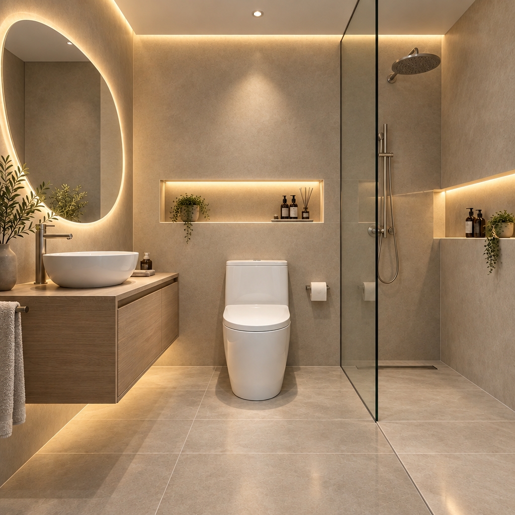 An incredibly lifelike, richly detailed, photorealistic interior shot of a minimalist luxury bathroom set in a compact urban residence. The scene is illuminated by warm, diffused cove lighting and a gentle, glowing halo from a signature organic mirror, creating a serene, spa-like atmosphere. Captured with a 35mm wide-angle lens, emphasizing the tactile textures of the smooth microcement walls and the fine grain of the floating oak vanity.

The composition centers on the seamless integration of form and function; a sleek, white ceramic basin rests elegantly on the wood cabinetry, mirrored by the sculptural silhouette of a contemporary one-piece toilet. To the right, a frameless glass panel defines the walk-in shower, where a recessed, backlit niche provides a sophisticated display for bath amenities. The large-format porcelain floor tiles reflect the soft light with subtle depth, while the precise alignment of the fixtures and the deliberate play of shadows against the neutral surfaces lend the space a sense of high-end architectural composure and tranquility.